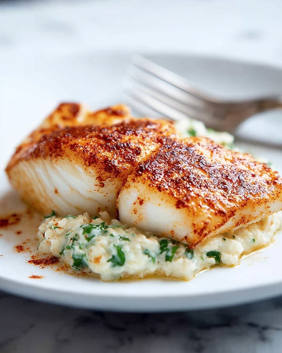 A white plate holds a piece of cooked fish with a slightly crispy, golden-brown top layer that has a reddish seasoning dusted on it. Underneath the fish, there is a creamy, textured filling that is off-white with small green bits spread throughout, making the dish look rich and fresh. The plate rests on a white marbled surface with a silver fork partially visible in the background. photo taken with an iphone --ar 4:5 --v 7