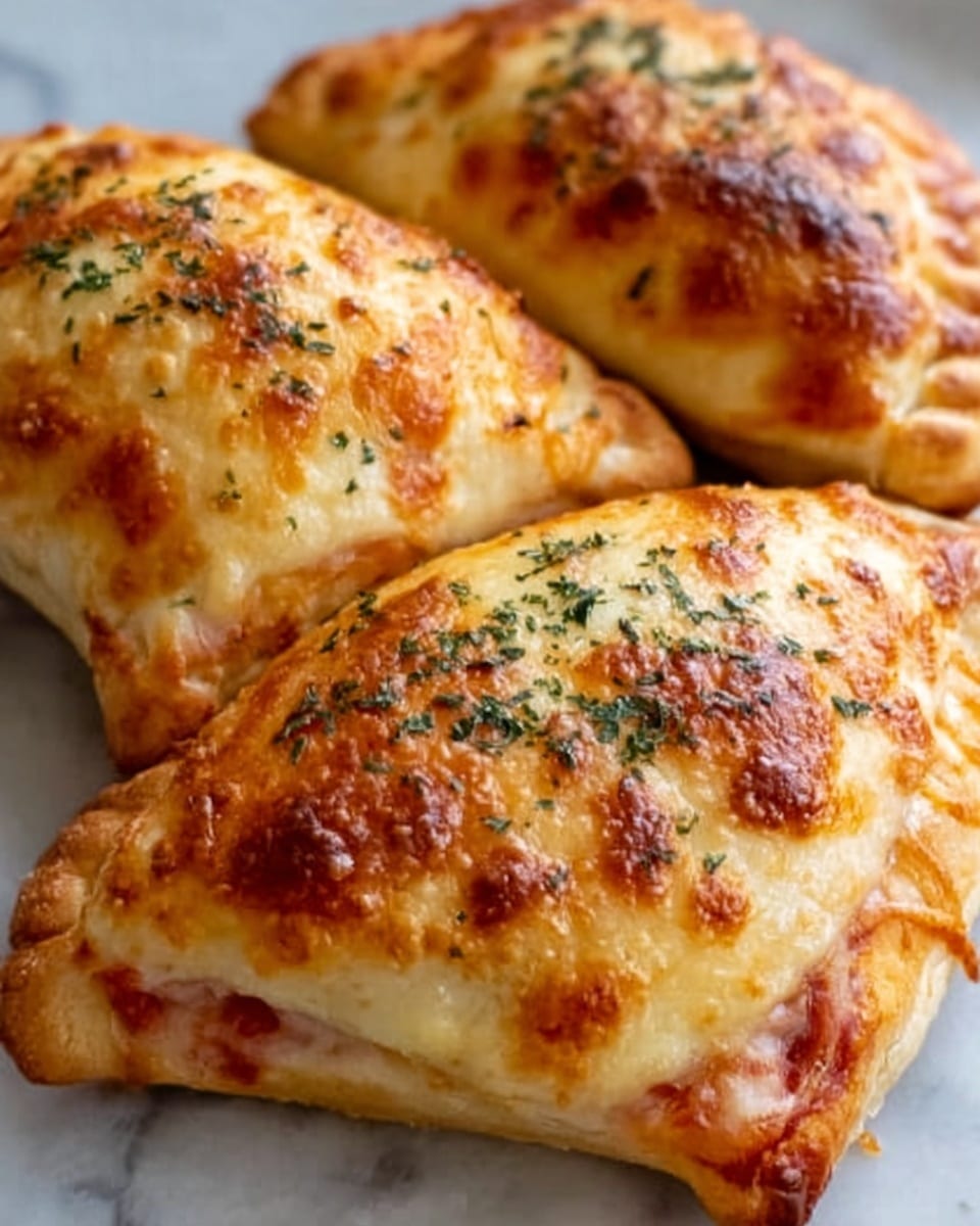 The image shows three golden brown baked calzones placed closely on a white marbled surface. Each calzone has a crispy outer layer with a bubbly, melted cheese topping that is slightly browned in spots. The top layer features a sprinkling of dried green herbs that add texture and color contrast. The edges of the calzones are slightly puffed and folded, showing the stuffed dough beneath. The filling inside hints with a slight reddish tint visible through small openings, suggesting tomato sauce. Photo taken with an iphone --ar 4:5 --v 7
