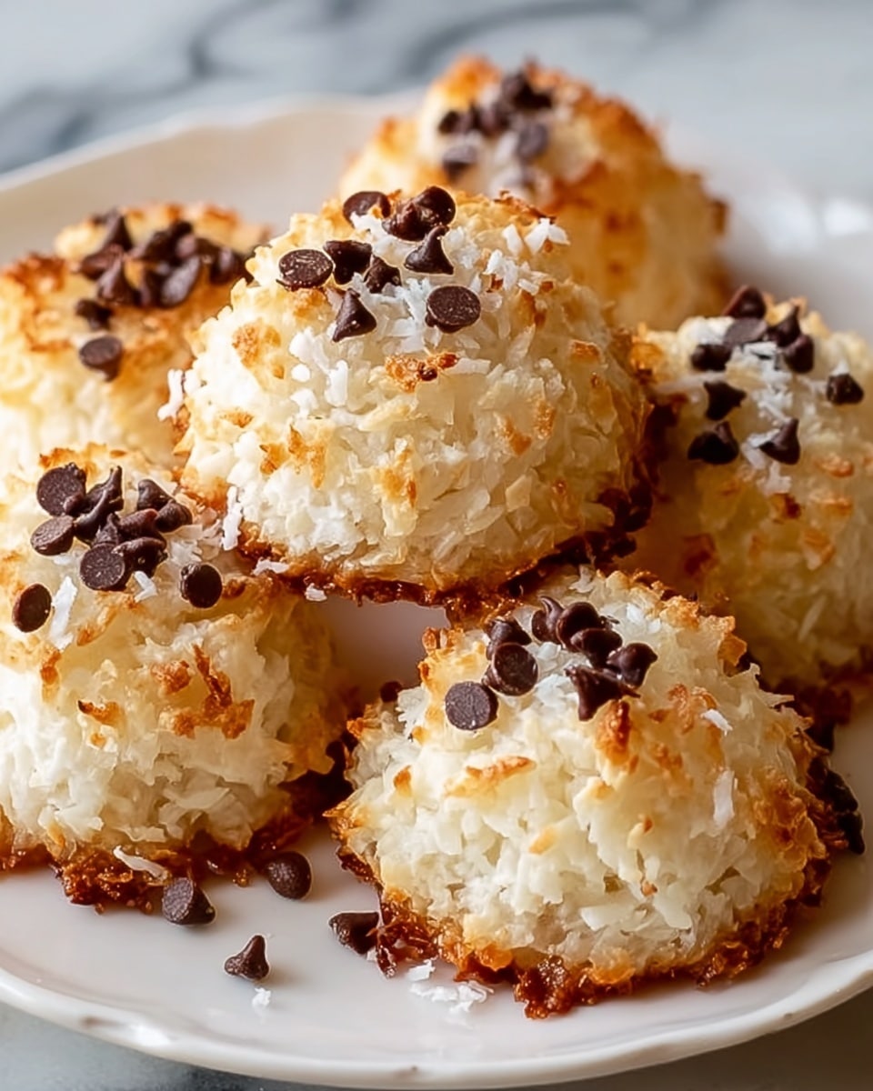 A group of five round coconut macaroons are shown on a white plate. Each macaroon has one main layer, made of shredded white coconut mixed together to form a soft and fluffy texture. The edges of the macaroons are toasted to a golden brown crispy layer, giving a rough texture around the base and top edges. On the top surface of each macaroon, there are scattered small dark brown chocolate chips and small bits of white shredded coconut adding contrast and detail. The plate and macaroons sit on a white marbled surface. photo taken with an iphone --ar 4:5 --v 7
