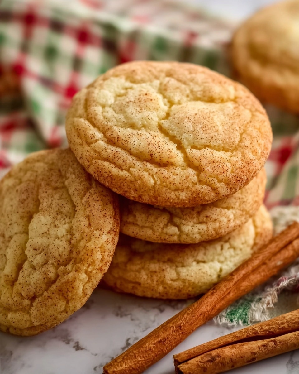 The image shows three soft cookies stacked on top of each other, each cookie having a light golden-brown color with a slightly cracked and textured surface. The stack is placed on a white cloth with red and green stripes, and two cinnamon sticks lie diagonally in the bottom left and bottom right corners of the image. The background has a white marbled texture, adding a clean and bright look to the scene. photo taken with an iphone --ar 4:5 --v 7