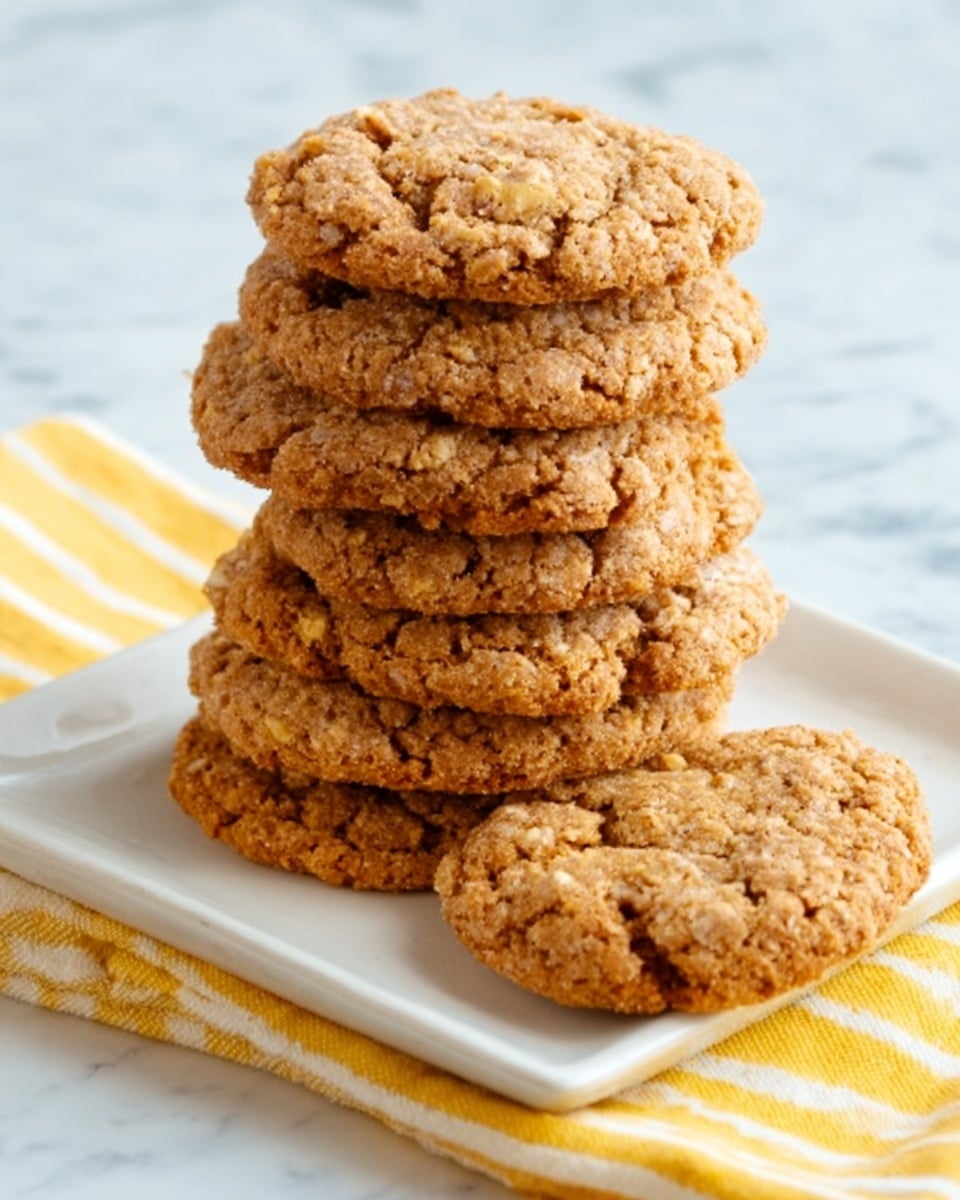 A white square plate sits on a white marbled surface, holding a tall stack of seven thick, golden-brown oatmeal cookies with visible pieces of oats and small bits of nuts or chocolate. One cookie lies flat beside the stack, showing its rough, textured surface and slightly uneven edges. The cookies appear soft and chewy with a slightly crumbly texture. A yellow and white striped cloth is placed diagonally in the background, adding a soft contrast to the scene. photo taken with an iphone --ar 4:5 --v 7