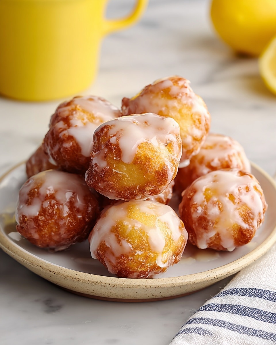 A close-up image shows a pile of about eight lemon fritters on a round white plate. Each fritter is golden brown with a slightly rough, crispy texture on the outside. A shiny, smooth white glaze drips unevenly over the top and sides of the fritters, giving them a glossy finish. In the soft-focus background, there are partial views of a yellow lemon and a yellow mug, placed on a white marbled surface. A white and blue striped cloth is folded near the bottom right corner of the plate. photo taken with an iphone --ar 4:5 --v 7