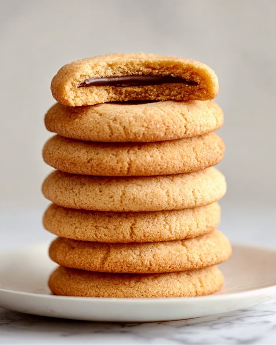 A tall stack of seven golden-brown cookies sits on a white plate on a white marbled surface, with the top cookie split in half showing a thick layer of dark chocolate filling inside. The cookies have a slightly rough texture and a warm, crisp look. The white plate is simple and clean, highlighting the stack's warm tones. The photo is taken with an iphone --ar 4:5 --v 7