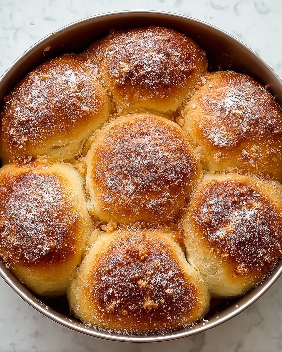 The image shows a round pan filled with ten golden-brown rolls tightly packed in two layers, with the bottom layer mostly hidden by the top layer of buns. Each roll has a slightly shiny, browned top sprinkled with a fine dusting of powdered sugar or flour, giving a textured, slightly rough look. The rolls have a soft, fluffy texture with a light crust, and the pan rim reveals some baked-on bits of crust. The pan sits on a white marbled surface. photo taken with an iphone --ar 4:5 --v 7