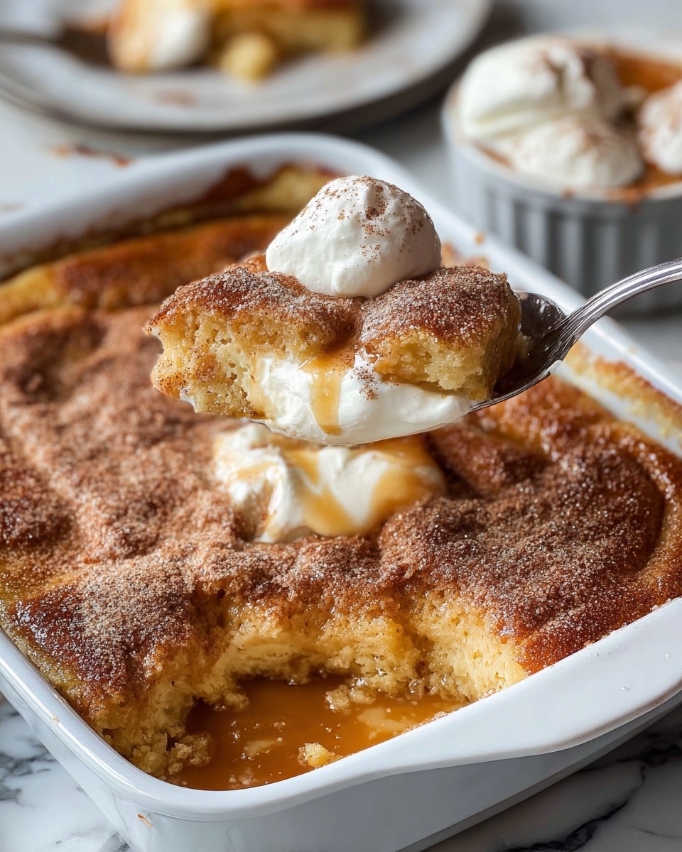 A white baking dish filled with a golden-brown baked dessert with a soft, uneven textured top layer sprinkled with cinnamon and powdered sugar. Inside, a thick, caramel-colored syrupy layer is visible beneath the crust. A silver spoon lifts a portion showing three layers: the top spongy cake layer, a middle creamy white scoop of whipped cream, and the bottom sticky syrup layer. The dish sits on a white marbled surface with a second dessert dish blurred in the background. Photo taken with an iphone --ar 4:5 --v 7
