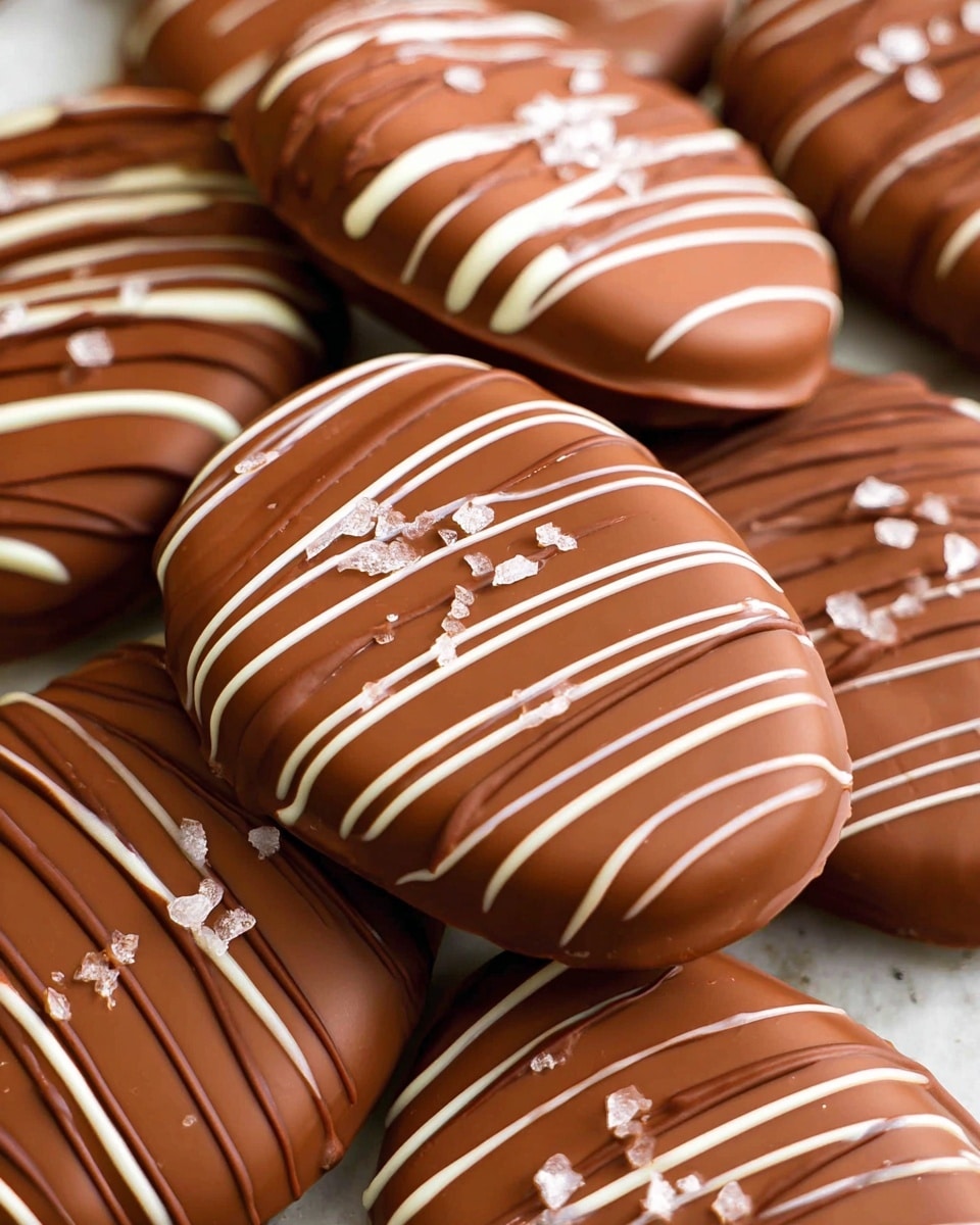 The image shows a close-up view of several chocolate-covered treats arranged closely together. Most treats are oval or round-shaped with a smooth, shiny milk chocolate coating. Each piece has layers of white and darker chocolate drizzled over the top in thin, wavy lines creating a striped pattern. One treat has small white salt crystals sprinkled on top, adding texture. The chocolates have a glossy surface and are stacked, showing a thick layer of chocolate covering each piece. The background is a white marbled texture, making the rich brown colors of the chocolates stand out clearly. photo taken with an iphone --ar 4:5 --v 7