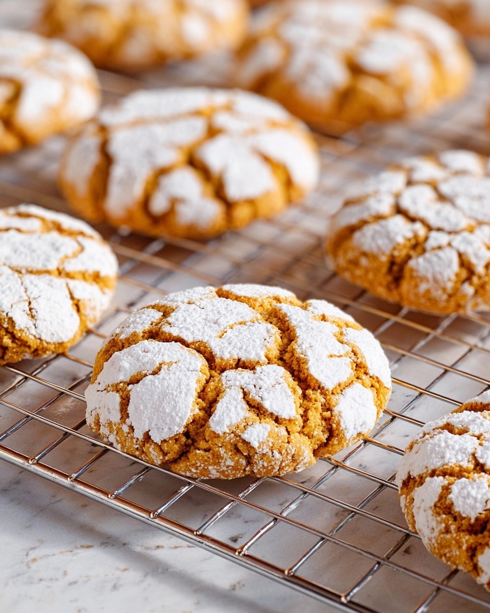 The image shows several round cookies with a cracked surface, revealing a golden-brown base covered by white powdered sugar that has split into irregular patches. Each cookie is thick with a slightly rough texture. They are placed on a metal cooling rack, which sits on a white marbled surface. The cookies are arranged in a scattered pattern with soft natural lighting highlighting the contrast between the golden cookie and the white sugar on top. photo taken with an iphone --ar 4:5 --v 7