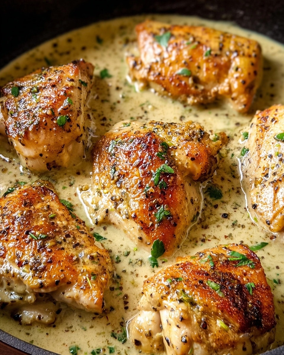 The image shows six pieces of golden brown cooked chicken breast in a skillet, covered with a smooth, creamy light beige sauce. The chicken pieces have a crispy texture with seared marks and are sprinkled with black pepper and small green herb bits evenly. The sauce looks rich and slightly thick, pooling around the chicken and glistening under the light. The skillet's black edge contrasts with the creamy sauce and juicy chicken. The background has a white marbled texture. photo taken with an iphone --ar 4:5 --v 7