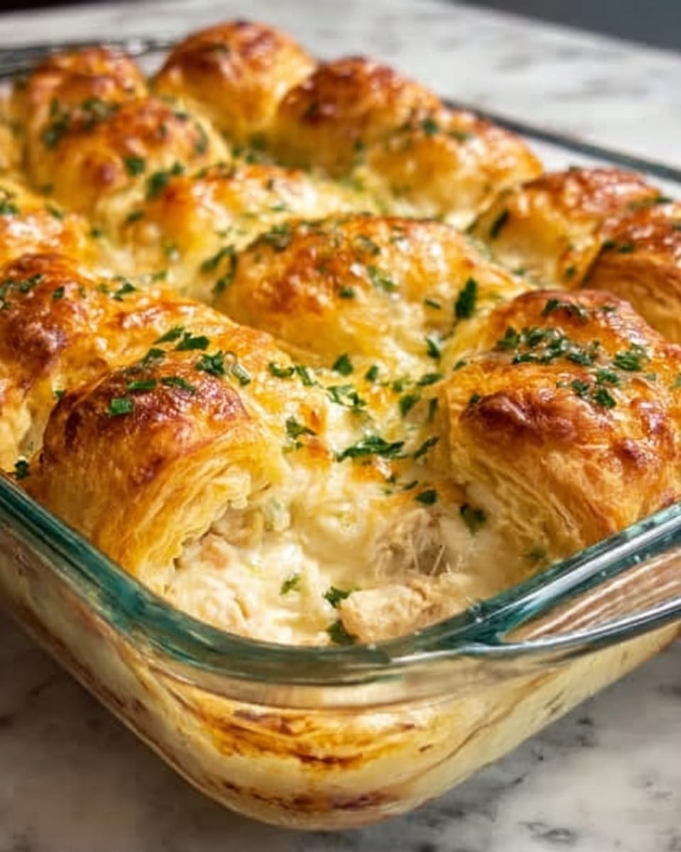 The image shows a glass baking dish filled with golden-brown crescent rolls baked close together in three rows and four columns, each roll puffed up with a shiny, slightly crispy top sprinkled with green chopped herbs. Inside the crescent rolls, there is a creamy white chicken and cheese filling visible where one roll has been pulled slightly apart. The dish is sitting on a white marbled surface. Photo taken with an iphone --ar 4:5 --v 7