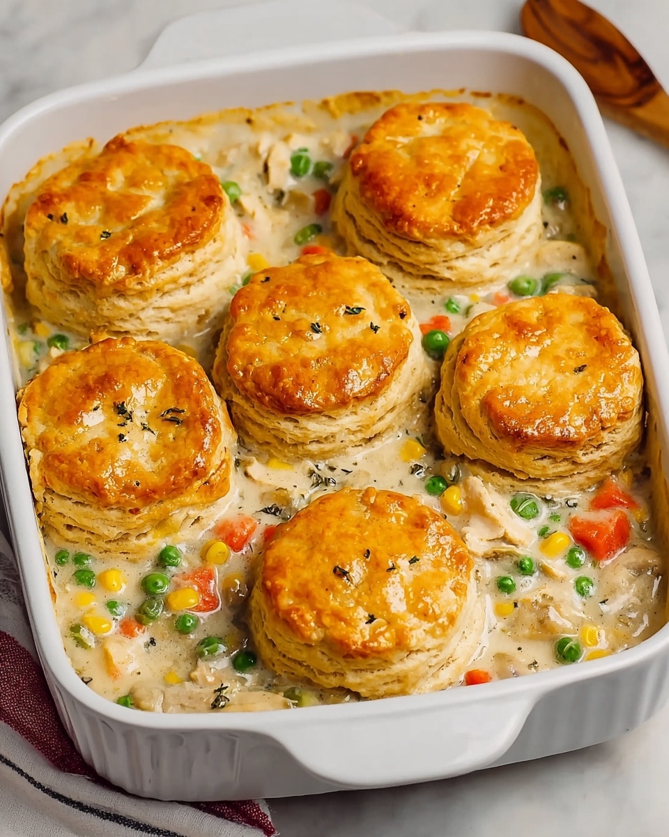 A white rectangular dish filled with creamy chicken pot pie filling, showing chunks of white chicken, bright green peas, small orange carrot pieces, and yellow corn, mixed in a thick, light beige sauce; on top, there are six golden-brown, flaky biscuit layers evenly spaced, each having crispy, slightly shiny tops and visible layers of dough, giving a puffed look. The dish sits on a white marbled surface with a red and white striped cloth partially visible on the side. Photo taken with an iphone --ar 4:5 --v 7