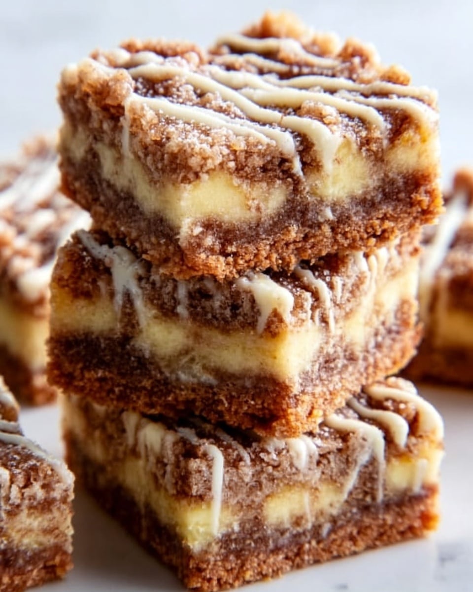 The image shows a stack of crumbly dessert bars, each with three visible layers: a thick light brown base layer that looks soft and dense, a middle creamy beige layer that is smooth and slightly thicker, and a crumbly golden brown topping with small chunks scattered evenly. The bars are drizzled with thin white icing lines on top, adding a shiny texture. The dessert pieces are stacked closely together on a white plate, placed on a white marbled surface. Photo taken with an iphone --ar 4:5 --v 7