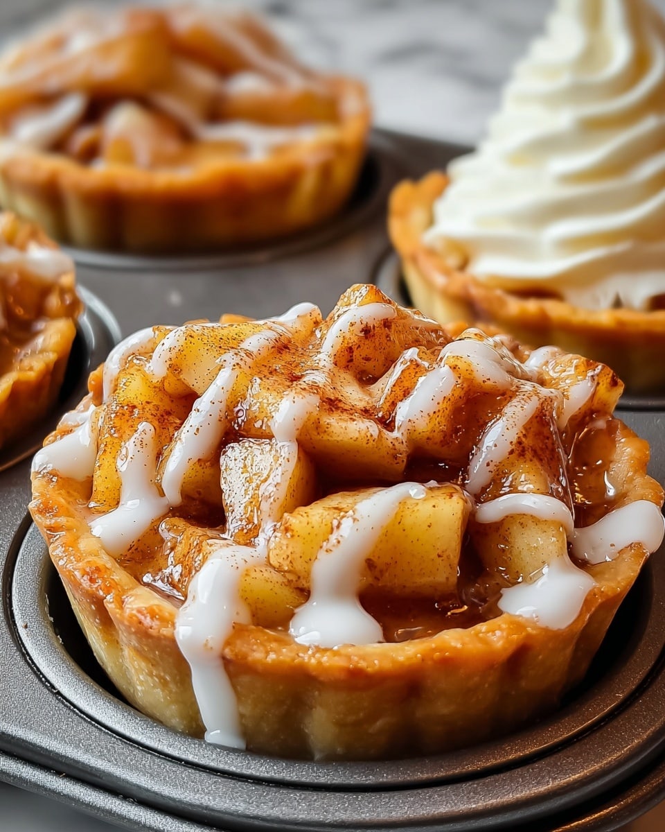 The image shows a close-up of two small apple tarts inside a metal baking tray. Each tart has three layers: the bottom layer is a golden-brown crust with a slightly crispy texture, the middle layer is made of chunky, warm apple pieces coated in a shiny cinnamon glaze giving them a soft orange-brown color, and the top layer is a drizzle of smooth white icing with a dusting of cinnamon powder over it. In the background, one tart is topped with a fluffy scoop of white ice cream. The scene is set against a white marbled surface. Photo taken with an iphone --ar 4:5 --v 7