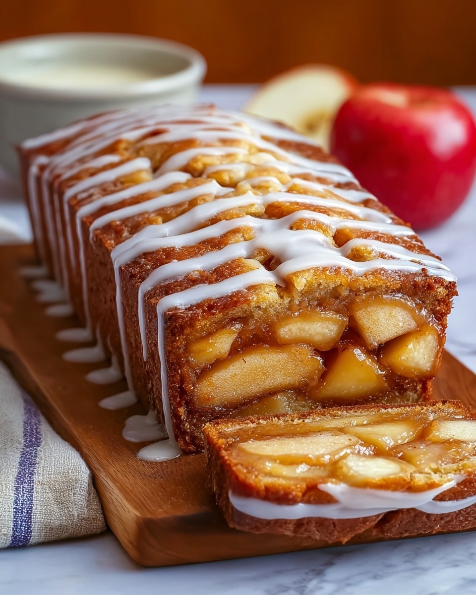 The image shows a loaf of apple cinnamon bread on a wooden board with a white marbled background. The bread is sliced to reveal three layers: a golden brown crust on the outside, a thick layer of soft cinnamon-coated apple chunks in the middle, and a light, fluffy bread base at the bottom. The top of the loaf is covered with a glossy cinnamon glaze and drizzled with thin white icing stripes. To the side, there is a white bowl with a brown rim filled with a creamy white sauce and a red apple partially shown. Photo taken with an iphone --ar 4:5 --v 7