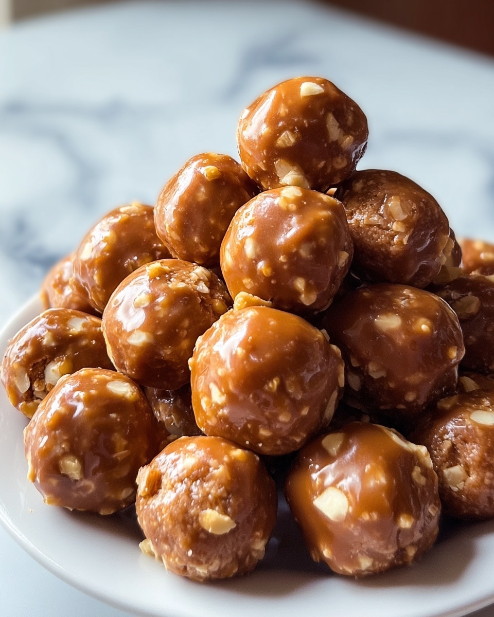 A white bowl filled with about twenty round, homemade peanut butter balls stacked together, each ball showing a rough texture with bits of peanuts visible through a smooth, shiny layer of caramel-colored coating. The balls look dense and vary slightly in size, and the edges of the coating appear soft and slightly melted, giving a moist and rich look. A woman's hand holds the edge of the bowl from the bottom left corner. The background shows soft natural light coming through a window. Photo taken with an iphone --ar 4:5 --v 7
