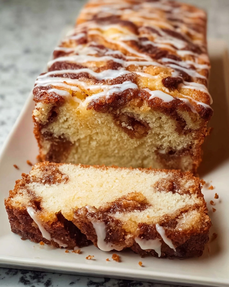 A thick loaf cake sits on a long white rectangular plate, sliced to show two main layers inside: a soft, light golden cake layer and a swirled cinnamon apple filling that looks gooey and caramelized with bits of apple. The top layer is darker golden brown, textured with baked apples peeking through, and is drizzled with white icing in a loose zigzag pattern that adds a glossy touch. The surface beneath the plate is a white marbled texture. photo taken with an iphone --ar 4:5 --v 7