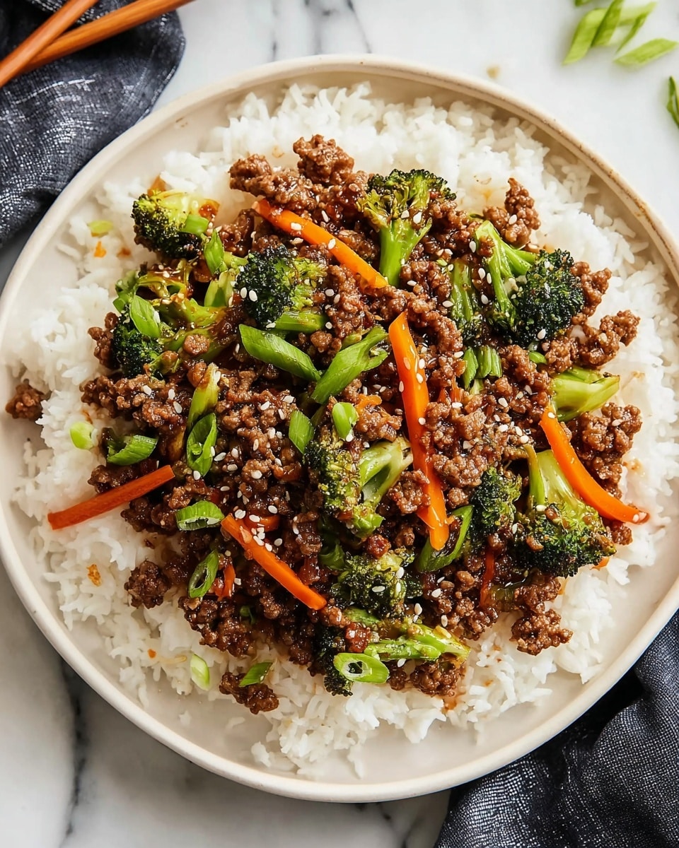 A black bowl filled with two main layers: the bottom layer is white steamed rice with soft, fluffy texture and visible grains, topped with a thick layer of dark brown cooked minced meat that has a glistening, slightly oily appearance. The meat layer is garnished generously with chopped fresh green onions and sprinkled with light beige sesame seeds, adding texture and color contrast. The bowl is set on a dark fabric on a white marbled surface, with blurred chopsticks and another bowl of mixed ingredients in the background. Photo taken with an iphone --ar 4:5 --v 7