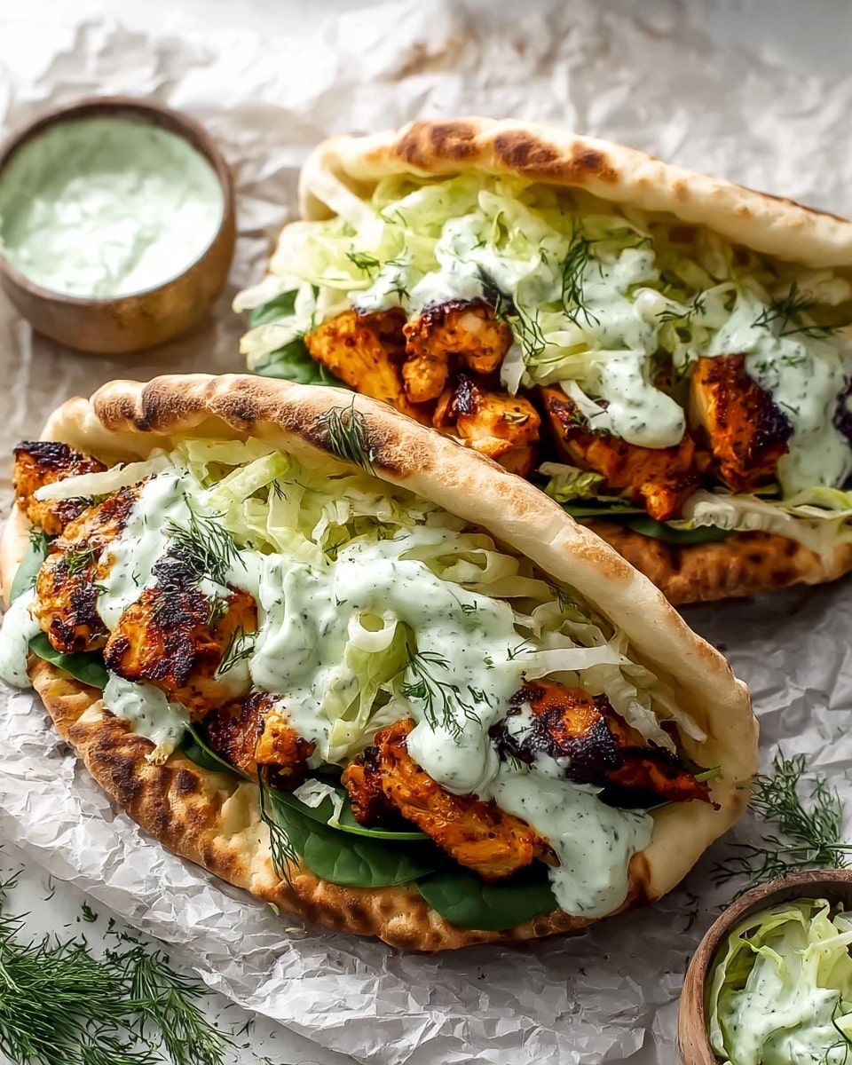 Two grilled chicken pita sandwiches sit on crumpled brown parchment paper over a white marbled surface. Each sandwich has three main layers inside the toasted pita bread: the base shows fresh green spinach leaves, followed by charred golden-brown grilled chicken pieces with a slightly crispy texture. On top, shredded pale green lettuce and thin cucumber slices add crunch, finished with dollops of creamy white sauce flecked with green herbs, garnished with small dill sprigs. Nearby, two small white bowls contain extra shredded lettuce and sauce, wooden spoons resting inside. The warm tones of the grilled chicken contrast with the fresh greens and creamy sauce, all lit softly from above. Photo taken with an iphone --ar 4:5 --v 7
