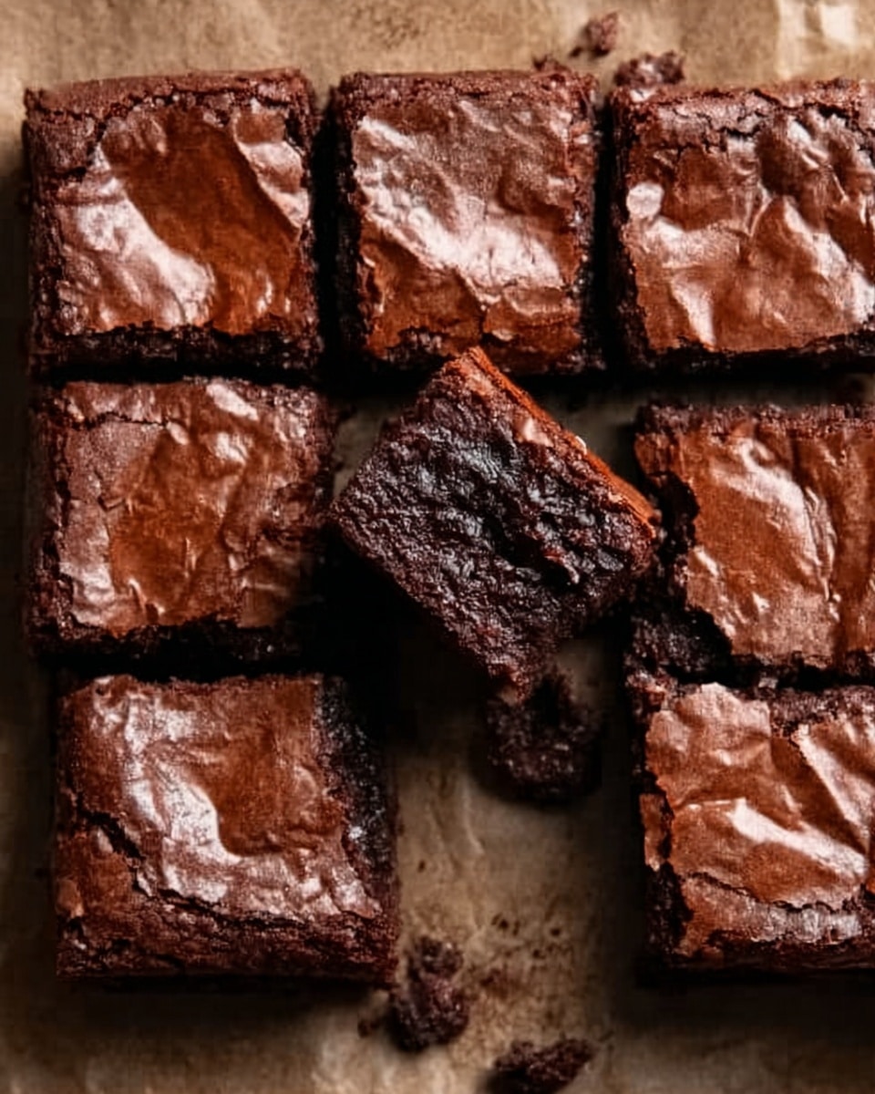 A group of nine square brownie pieces is arranged closely on brown parchment paper. The brownies have a shiny, cracked top layer that is dark brown and looks slightly crisp. Below this top layer, the inside of the brownies appears moist and dense. One brownie piece near the center has a small section missing, revealing a rich, fudgy texture inside. The edges of the brownies are slightly raised, showing a chewy and soft texture. Crumbs are scattered around the brownies on the parchment, adding to the homemade feel. The photo shows the brownies from above, with a white marbled surface under the parchment paper. Photo taken with an iphone --ar 4:5 --v 7