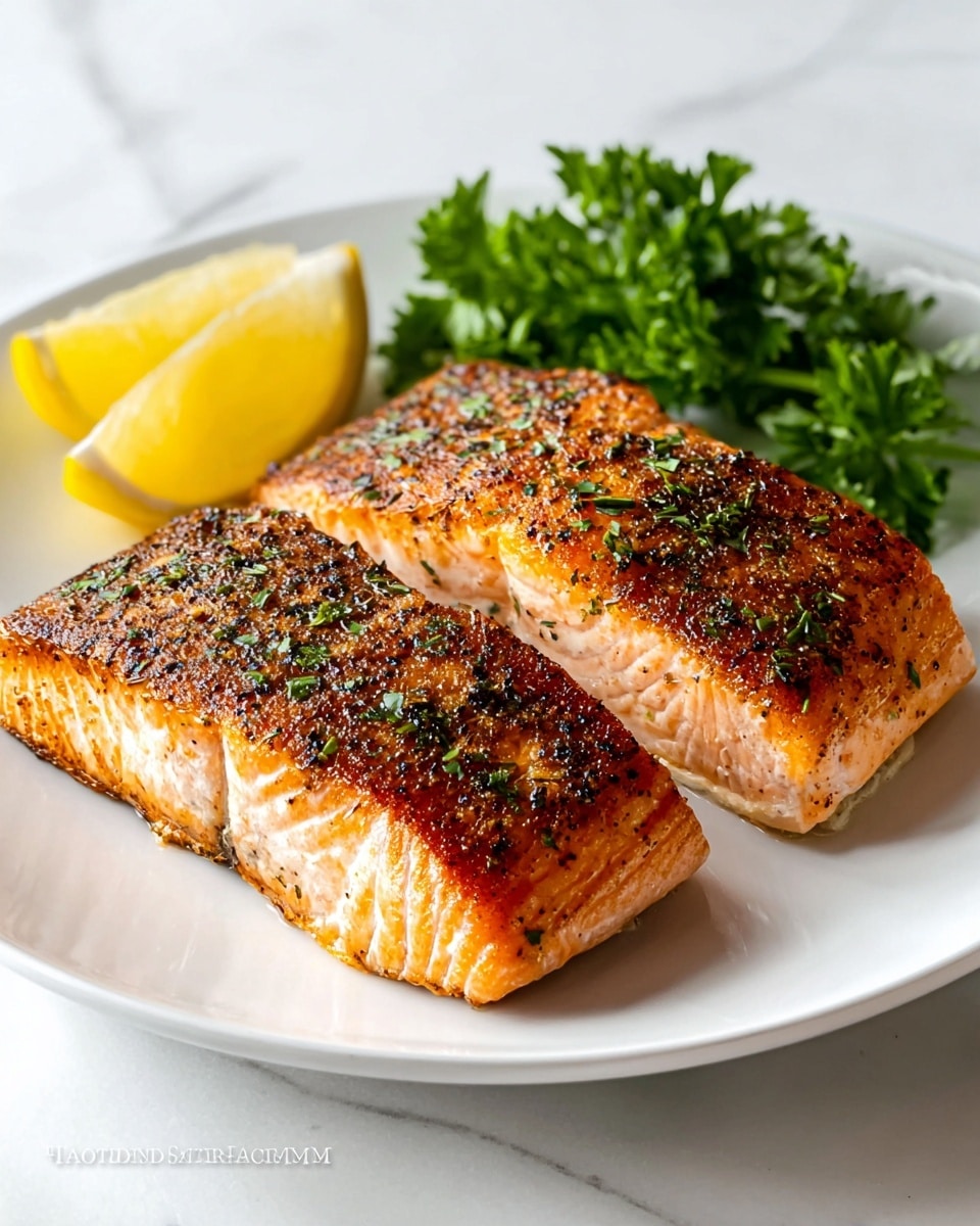 The dish shows a white rectangular plate with three parts: in the center, a thick grilled salmon fillet with a golden-brown crust, sprinkled with green herbs, and topped with two thin lemon slices, one near the middle and one at the edge; on the left side, a pile of small roasted potatoes, some cut in half, showing a yellow inside and browned outside with herb bits; on the right side, a serving of roasted broccolini with dark green charred tips and stems. The plate rests on a white marbled surface. photo taken with an iphone --ar 4:5 --v 7
