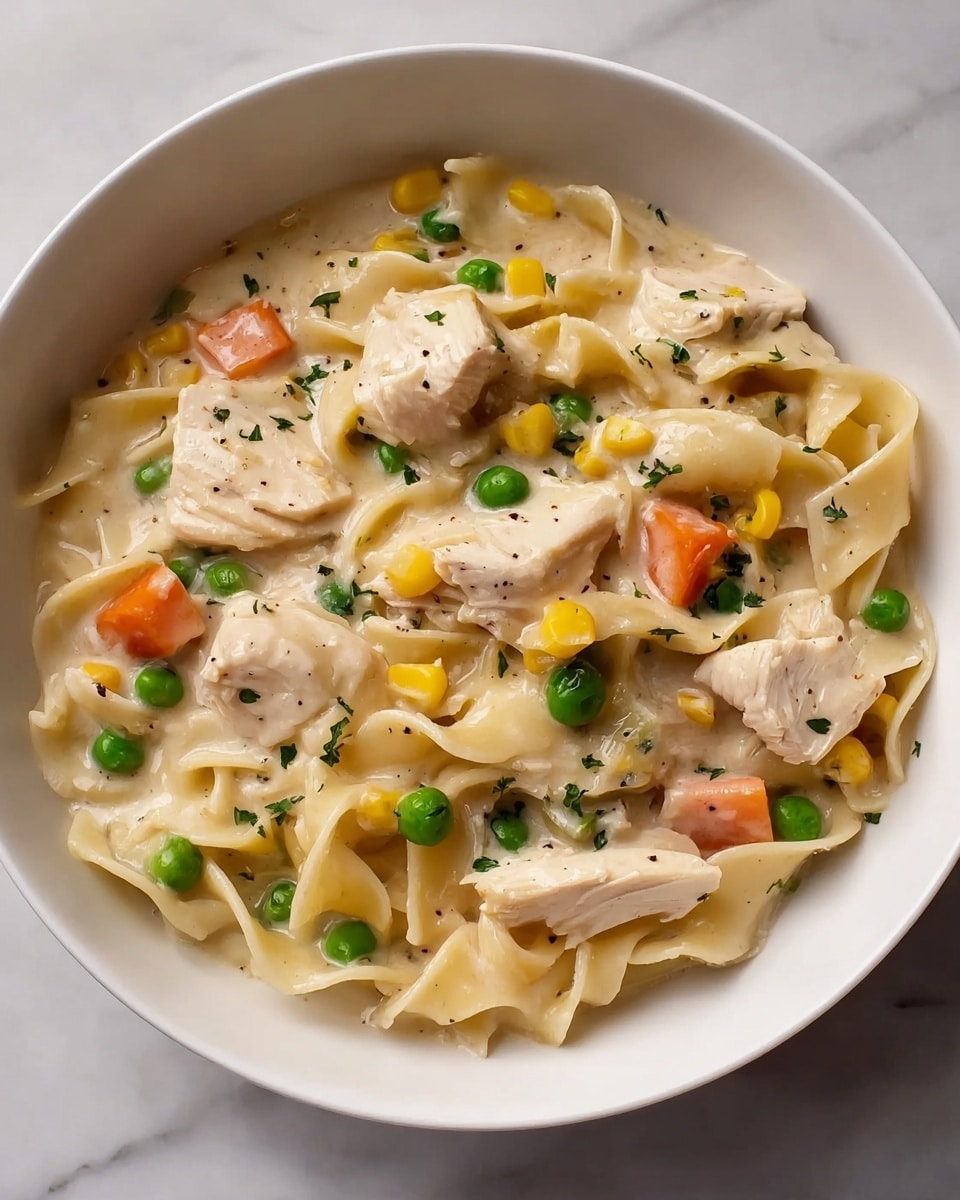 A white bowl filled with creamy chicken noodle soup showing thick flat noodles layered throughout, coated in a pale creamy sauce. Large chunks of white cooked chicken are scattered evenly, along with bright orange carrot pieces, yellow corn kernels, and green peas mixed in. Small flecks of green herbs are visible on the chicken and sauce. The background is a white marbled texture. photo taken with an iphone --ar 4:5 --v 7