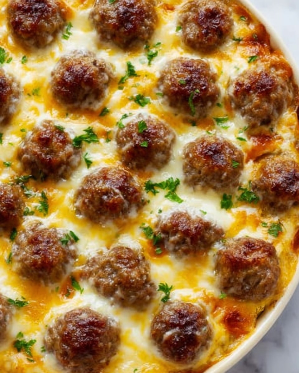 The image shows a close-up of a baked dish filled with evenly spaced, round meatballs on the top layer, each browned with a slightly crispy texture. Beneath the meatballs, there is a layer of melted cheese that stretches and bubbles with a golden and creamy color. Small bits of green herbs are sprinkled on top of the cheese, adding a touch of color contrast. The dish is presented on a white plate over a white marbled surface. The overall look is warm and appetizing with a mix of textures from the smooth cheese to the browned meatballs. Photo taken with an iphone --ar 4:5 --v 7