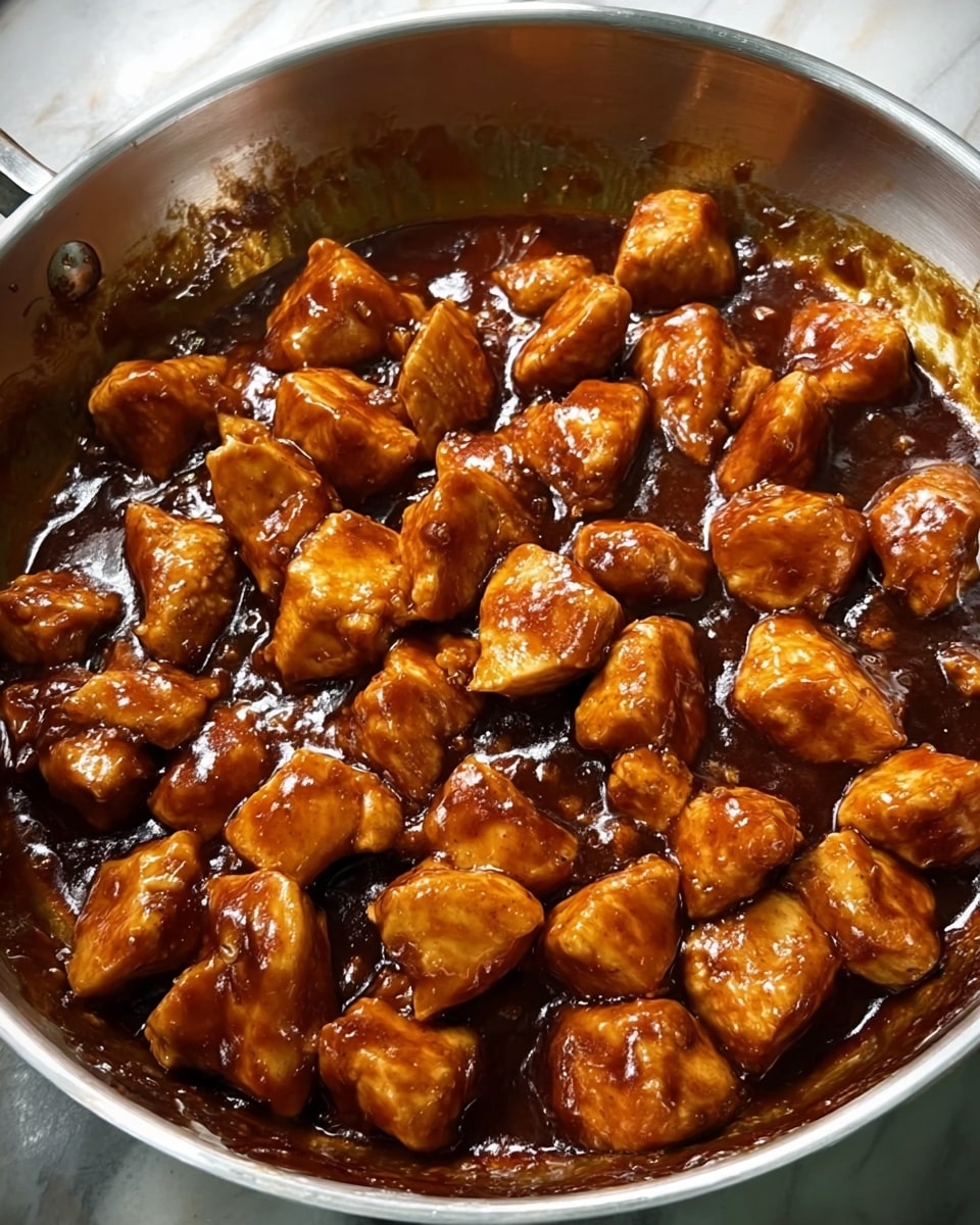The image shows a close-up of a pan filled with multiple small, evenly cut chicken pieces coated in a thick, shiny brown sauce. The chicken is golden-brown with a slightly crispy texture visible under the sauce, which looks rich and sticky. The sauce pools around the chicken chunks, giving a glossy, appetizing look. The pan is stainless steel, with some browned stains on the inner edges, indicating the food has been cooked and simmered for a while, all placed on a white marbled texture. photo taken with an iphone --ar 4:5 --v 7