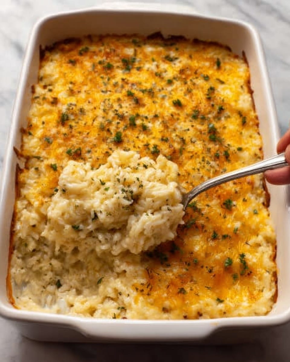 A white rectangular baking dish filled with a cheesy rice casserole. The top layer is golden brown with melted cheese that has small green herb sprinkles scattered across. Inside, the rice looks creamy and slightly sticky, with a soft texture visible from a scoop taken out near the corner. The dish is sitting on a white marbled surface. Photo taken with an iphone --ar 4:5 --v 7