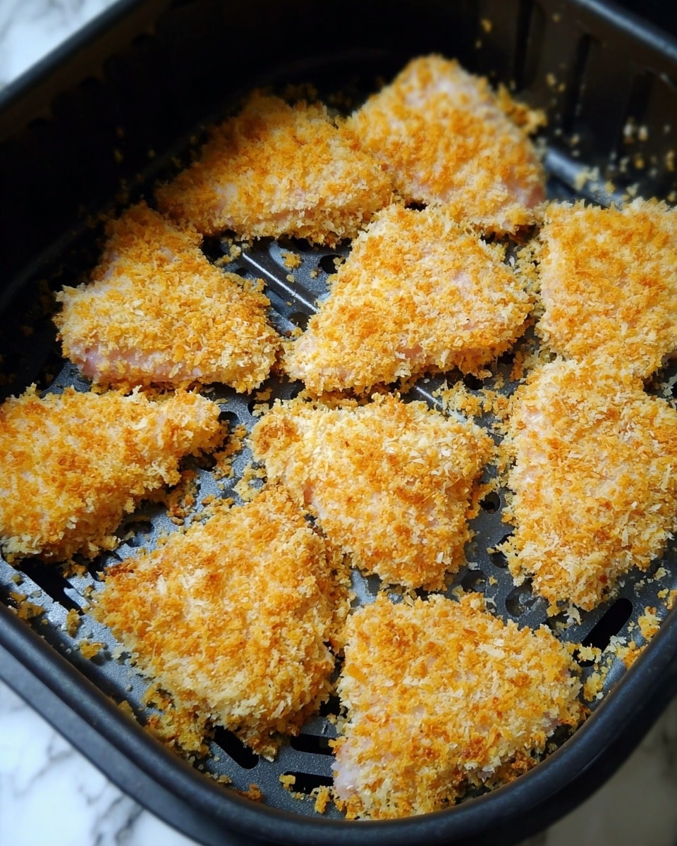 The image shows several triangular shaped pieces of chicken coated in a crumbly golden-brown breading, spread out evenly in a black air fryer basket with small holes visible beneath the pieces. The breading has a rough texture with visible flaky bits, and the chicken underneath peeks through in some spots with a light pinkish color. The chicken pieces are arranged loosely, covering most of the basket's surface. The background is a smooth white marbled texture. photo taken with an iphone --ar 4:5 --v 7