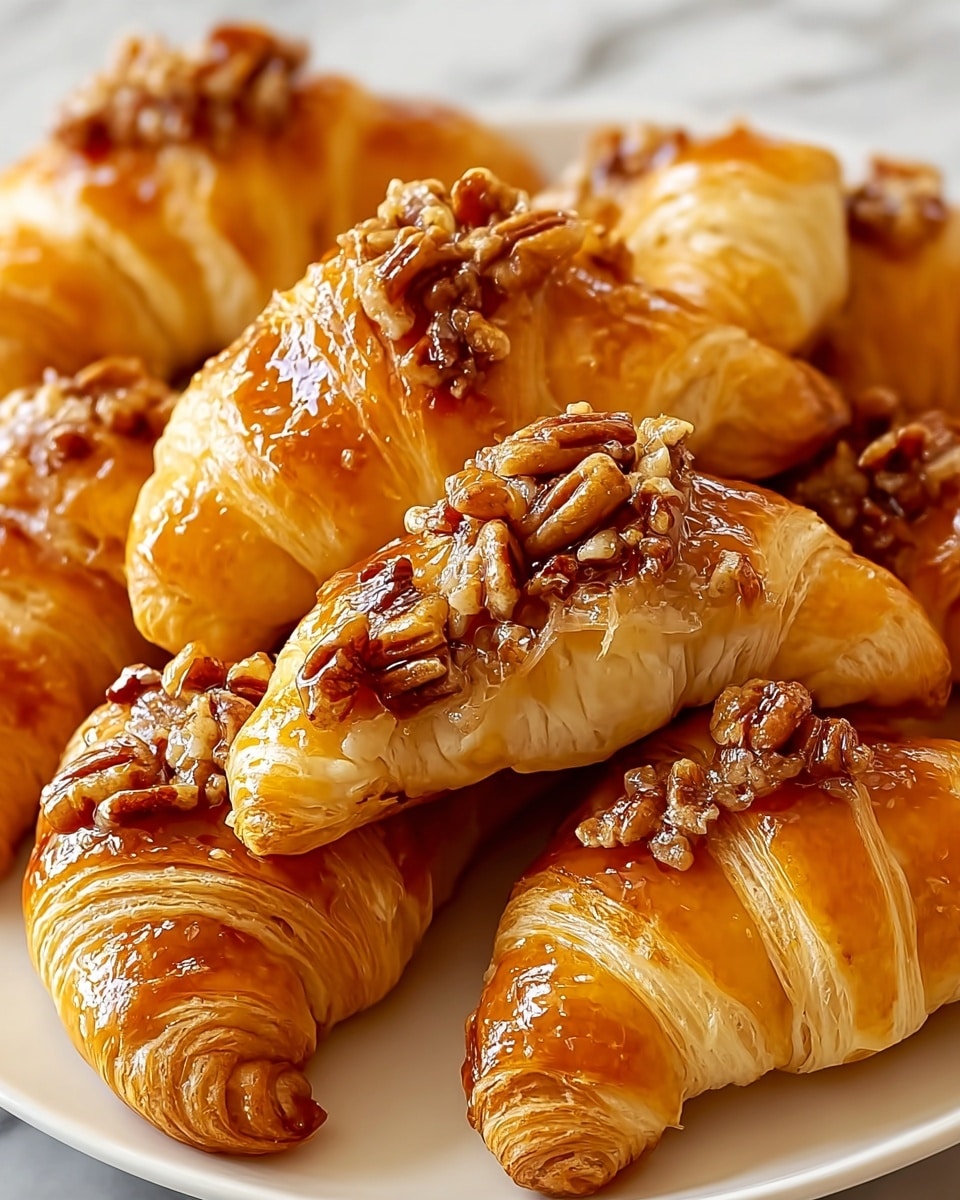A white plate holds several golden brown pastries, each with multiple flaky, crisp layers shining with a glossy glaze that reflects light. The pastries are shaped like crescent rolls, with their open ends filled with a sticky, nutty filling made of chopped and whole pecans, giving a rich textured contrast to the smooth, shiny dough. The light catches the shiny glaze on top, enhancing the caramel-like color and making the layers appear soft and flaky. The background is a white marbled texture adding a clean look to the warm colors of the pastries. photo taken with an iphone --ar 4:5 --v 7