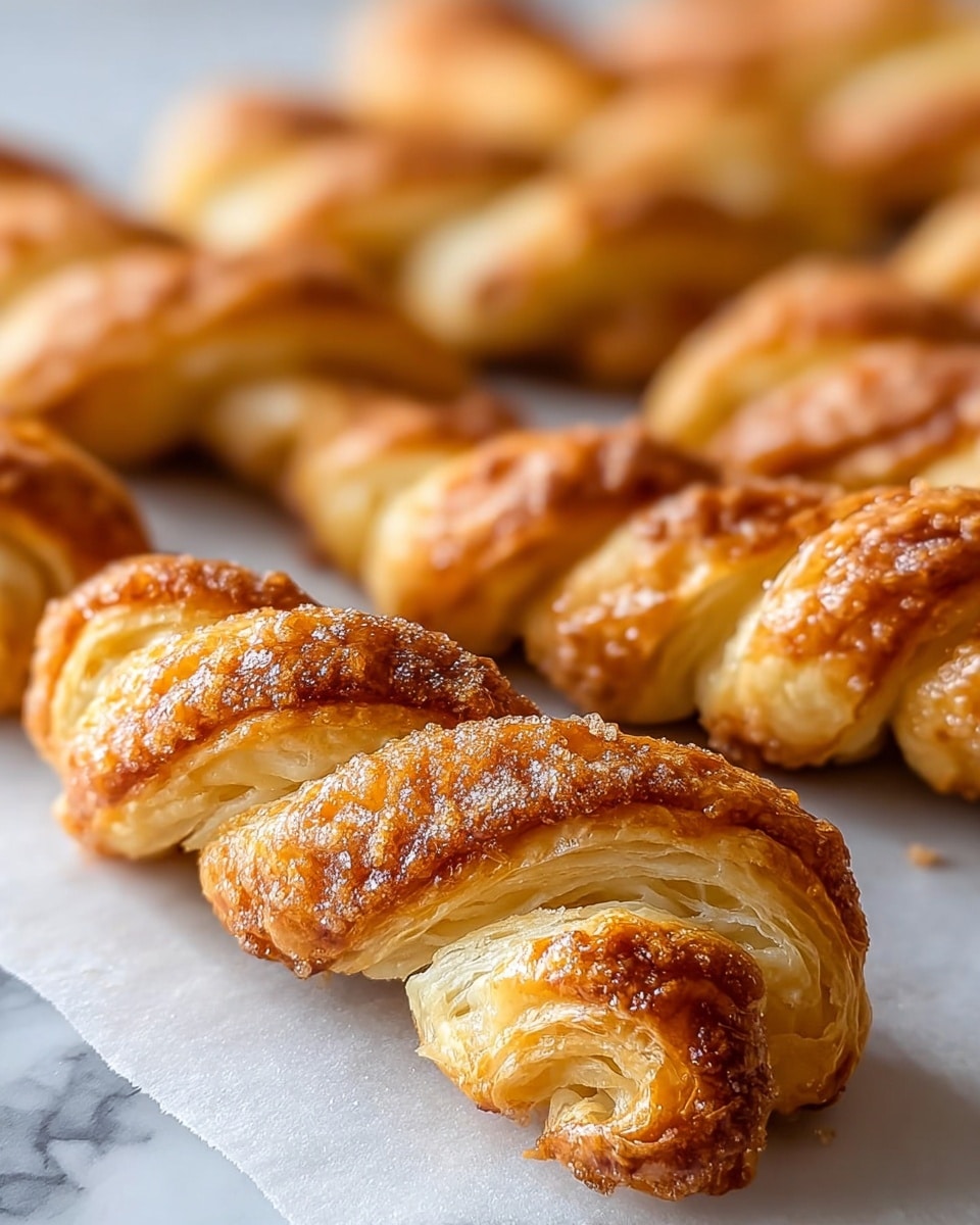 A close-up view of several twisted puff pastries laid in rows on white parchment paper, placed on a white marbled texture surface. Each pastry has multiple golden-brown flaky layers with a shiny, crisp outside and a light sprinkling of sugar and cinnamon on top. The layers twist around each other, showing both the soft inside and the crispy, textured outside. The focus is sharp on the front pastry, and the others softly blur in the background. photo taken with an iphone --ar 4:5 --v 7