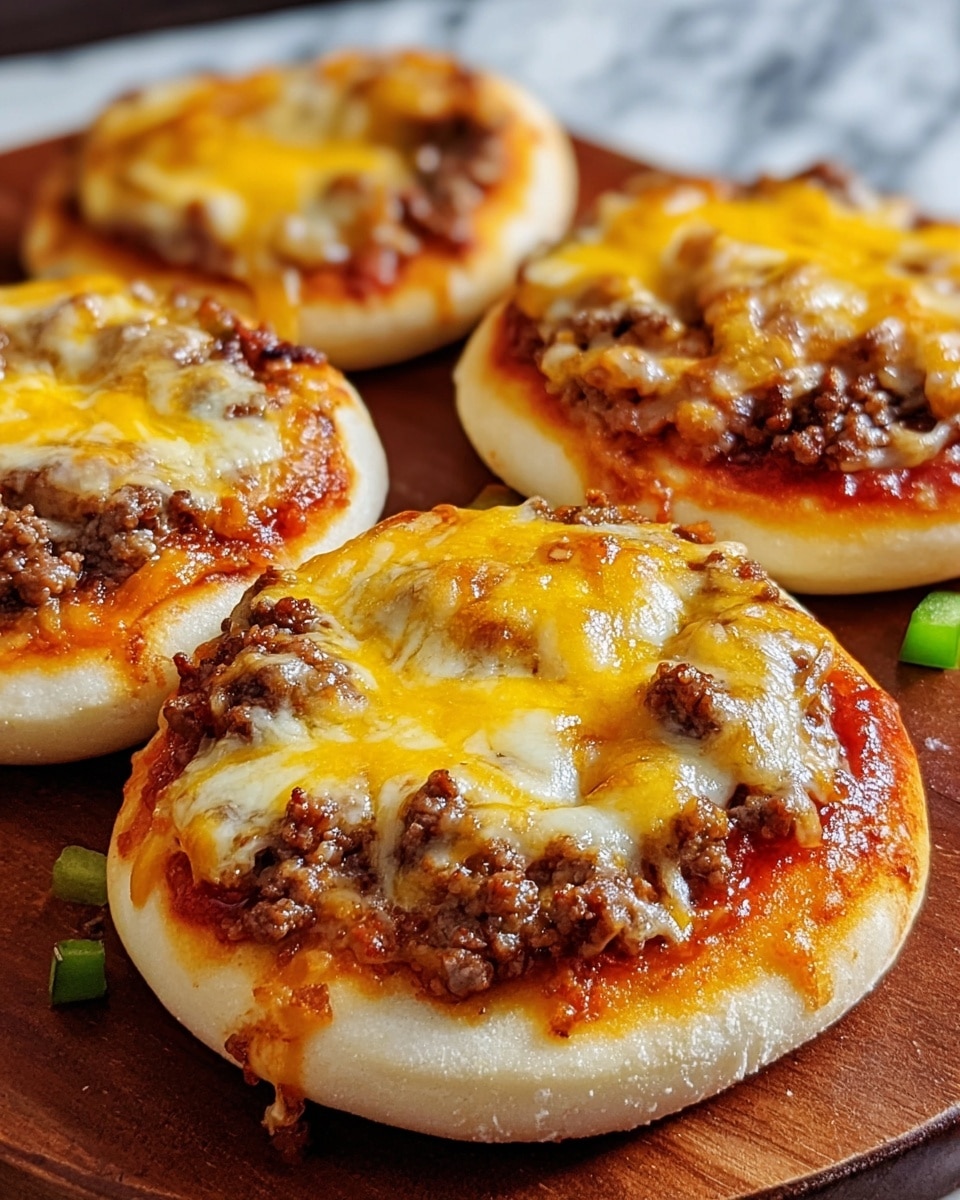 The image shows four small round mini pizzas on a wooden board with a white marbled texture below. Each pizza has three clear layers: the base is a light golden-brown bread crust, the middle layer is a rich red tomato sauce with some melted yellow cheddar cheese, and the top layer is a generous amount of browned melted mozzarella cheese covering crumbled cooked ground beef pieces. A few small green bell pepper pieces are scattered near the pizzas, adding a touch of color. The melted cheese looks stretchy and slightly browned in spots, giving an appetizing look. photo taken with an iphone --ar 4:5 --v 7