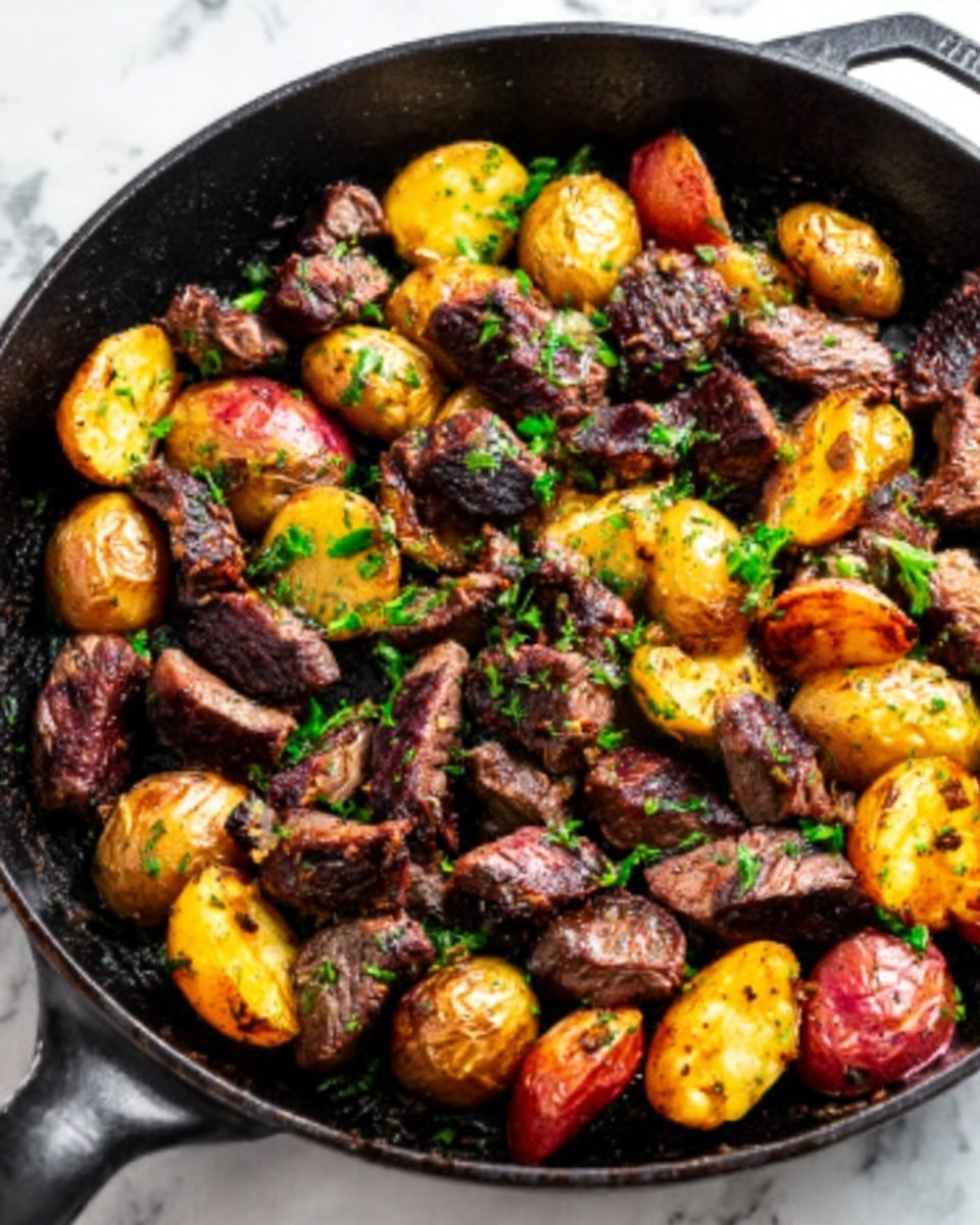 The image shows a black cast iron skillet filled with cooked meat pieces and small roasted potatoes. The meat is dark brown with a crispy texture, scattered throughout the skillet, while the potatoes are golden yellow and light brown, some sliced and some whole. Bright green chopped herbs are sprinkled on top, adding a fresh color contrast. The skillet sits on a white marbled surface. Photo taken with an iphone --ar 4:5 --v 7