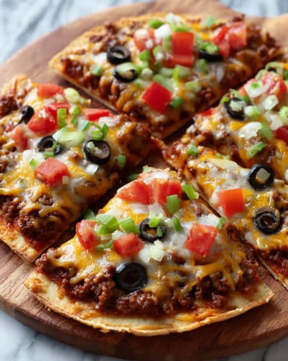 A close-up view of a six-slice taco pizza on a wooden board, with a golden-brown crust as the base layer. The first layer is a rich, dark brown ground beef spread evenly over the crust. Melted cheddar and mozzarella cheese create a thick, gooey yellow and white layer on top of the beef. Fresh, chopped green onions, diced bright red tomatoes, and sliced black olives are scattered across the cheese layer, adding pops of color. The textures vary from the smooth melted cheese to the crisp fresh vegetables, all arranged to show a generous topping coverage. The photo taken with an iphone --ar 4:5 --v 7