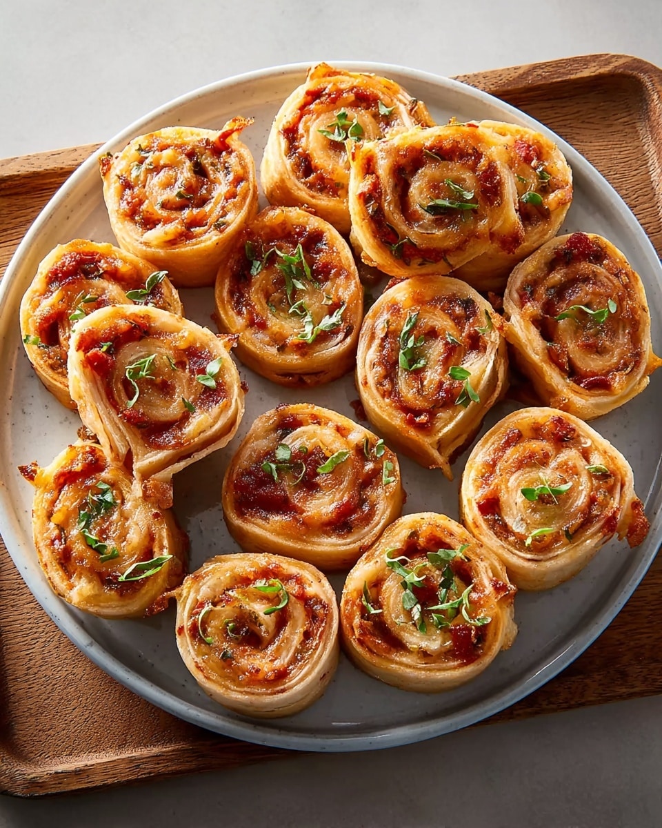 A round white plate holds eleven small rolled pinwheels arranged closely, each showing multiple thin layers of light brown dough swirled with a reddish sauce and bits of melted cheese, topped with small green herb leaves for garnish. The pinwheels have a soft and slightly crispy texture with visible toasted edges. The plate is placed on a wooden tray, set on a white marbled surface. photo taken with an iphone --ar 4:5 --v 7