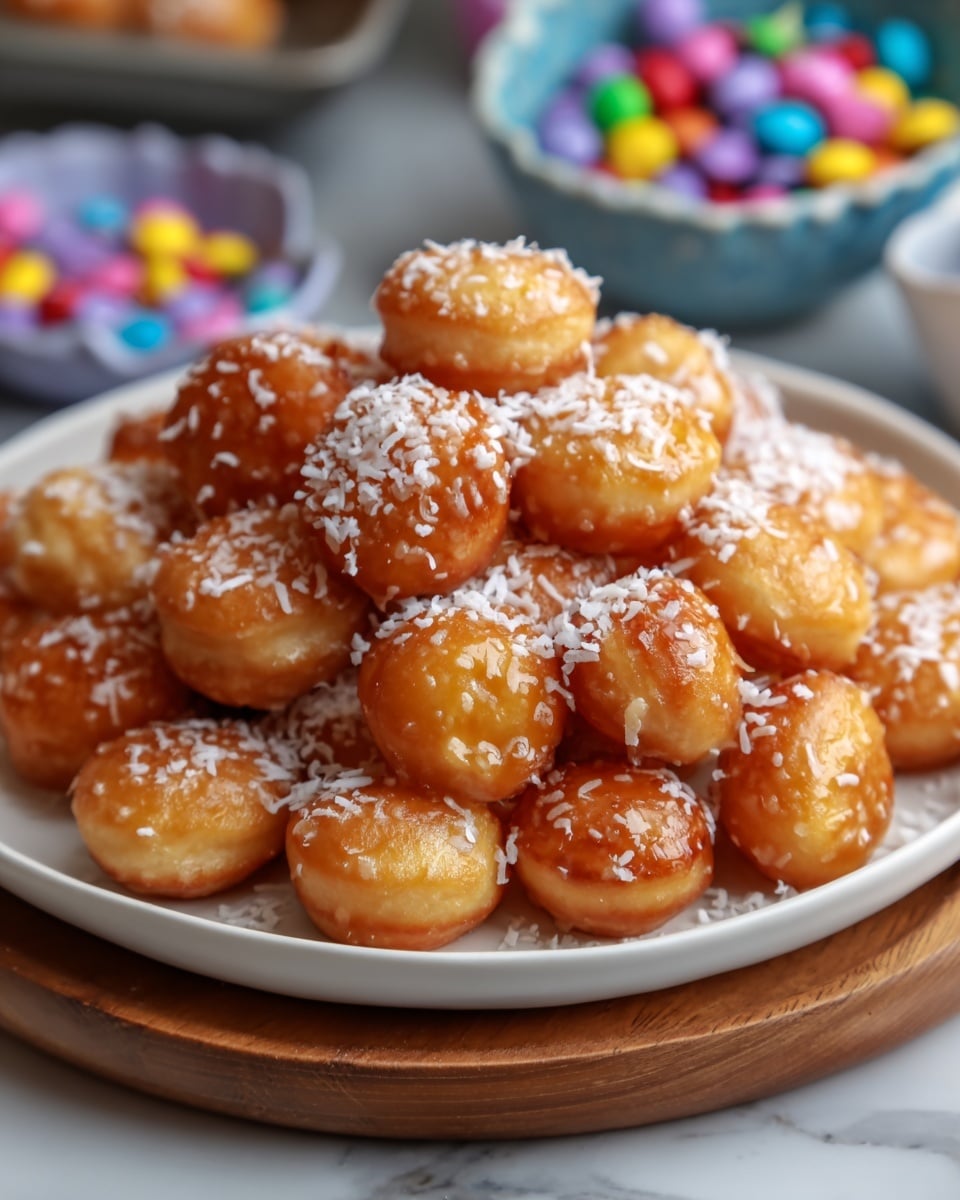A white bowl sits on a wooden round board, filled with small, round golden-brown doughnut holes stacked in layers. Each doughnut hole is shiny with a glaze and sprinkled with white shredded coconut on top, giving a textured look against the smooth glaze. The doughnuts fill the bowl to the brim, and in the blurry background, a white marbled surface is visible along with colorful candies in a bowl. Photo taken with an iphone --ar 4:5 --v 7