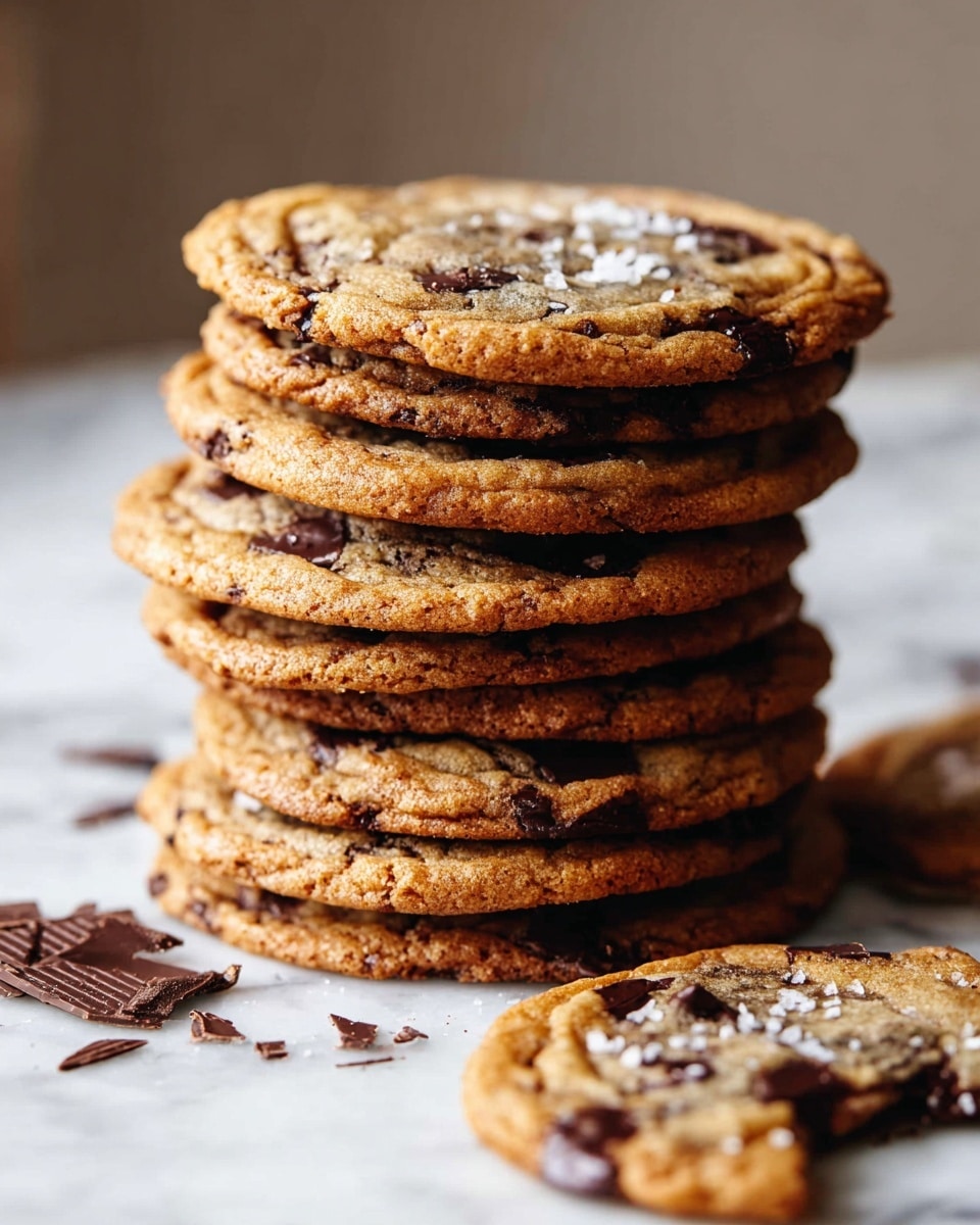 A tall stack of eight thin, golden brown chocolate chip cookies rests directly on a white marbled surface, with visible dark chocolate chunks melted and spread unevenly in each cookie, adding a textured look. The top cookie is sprinkled lightly with coarse white sea salt, adding a contrasting touch. Around the stack, scattered dark chocolate pieces add depth to the scene. One cookie lies flat and separate in the foreground, highlighting its round shape and slightly crisp edges. The background is softly blurred to keep the focus on the cookies. Photo taken with an iphone --ar 4:5 --v 7