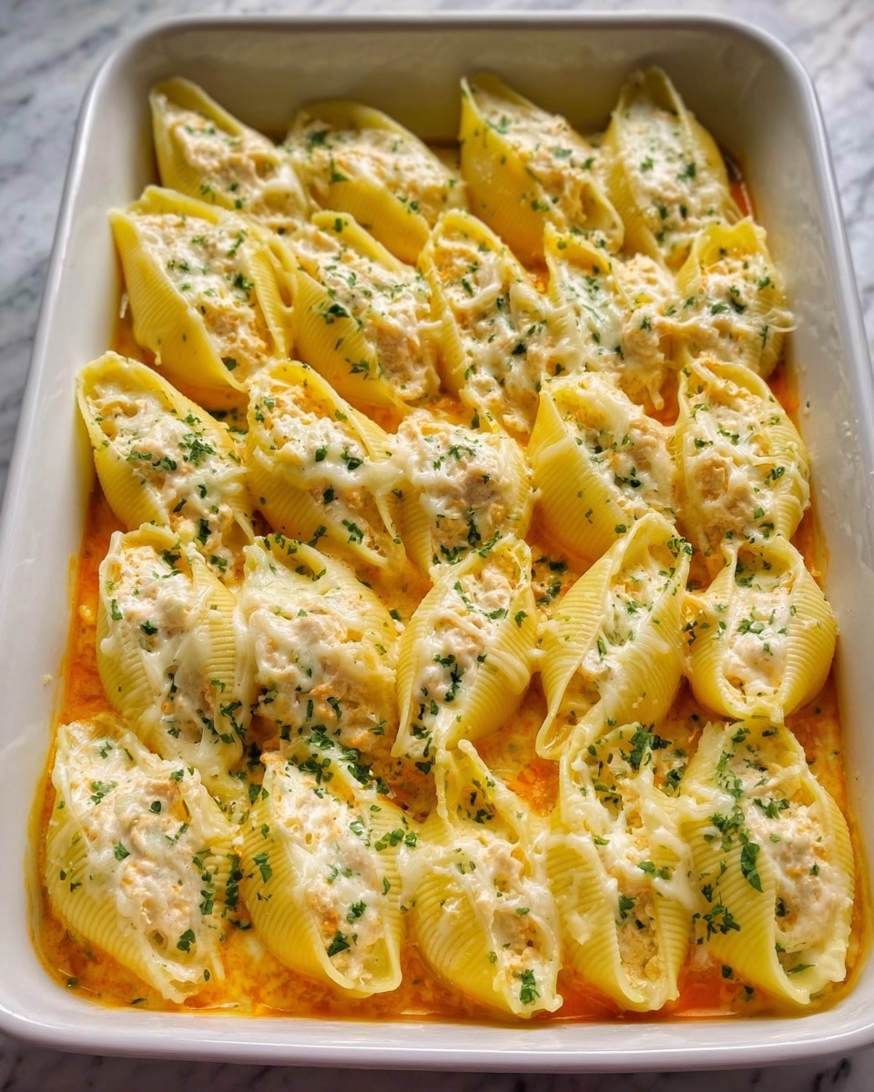 A white rectangular dish filled with large pasta shells layered in one even layer, each shell stuffed with a creamy orange mixture topped with melted white cheese that looks slightly golden in parts. The cheese has a smooth, stretchy texture and is sprinkled with finely chopped green herbs. The shells sit in a pale orange sauce that fills the space between them. The dish is placed on a white marbled surface. Photo taken with an iphone --ar 4:5 --v 7