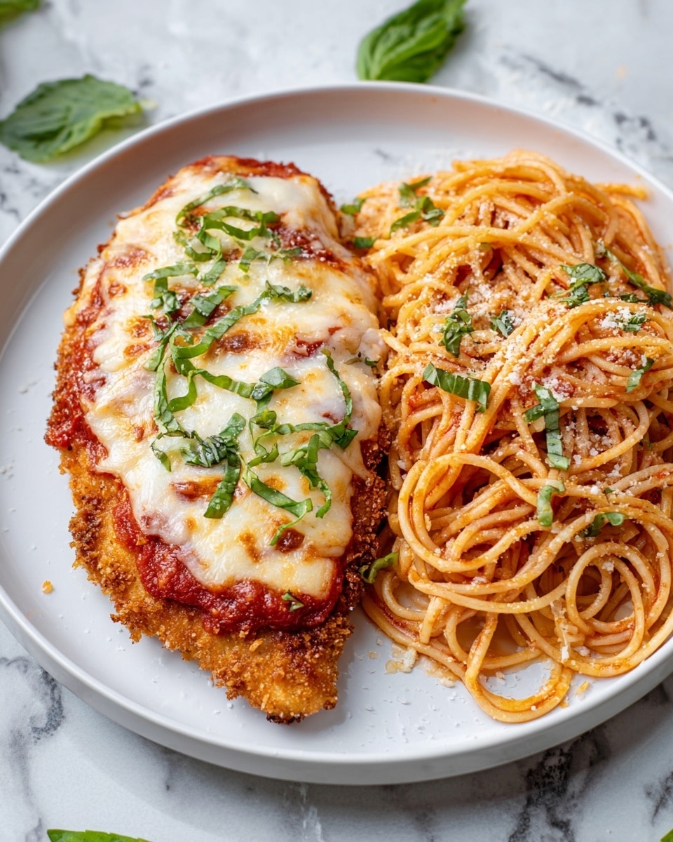 A white plate holds a serving of chicken parmesan and spaghetti. The chicken parmesan has three layers: a bottom layer of golden-brown crispy breaded chicken, a middle layer of bright red tomato sauce, and a top layer of melted, slightly browned creamy white cheese sprinkled with chopped green basil leaves. Next to it is a pile of spaghetti coated in a red tomato sauce, sprinkled with grated cheese and bits of green herbs. The plate sits on a white marbled surface with scattered green basil leaves around it. photo taken with an iphone --ar 4:5 --v 7