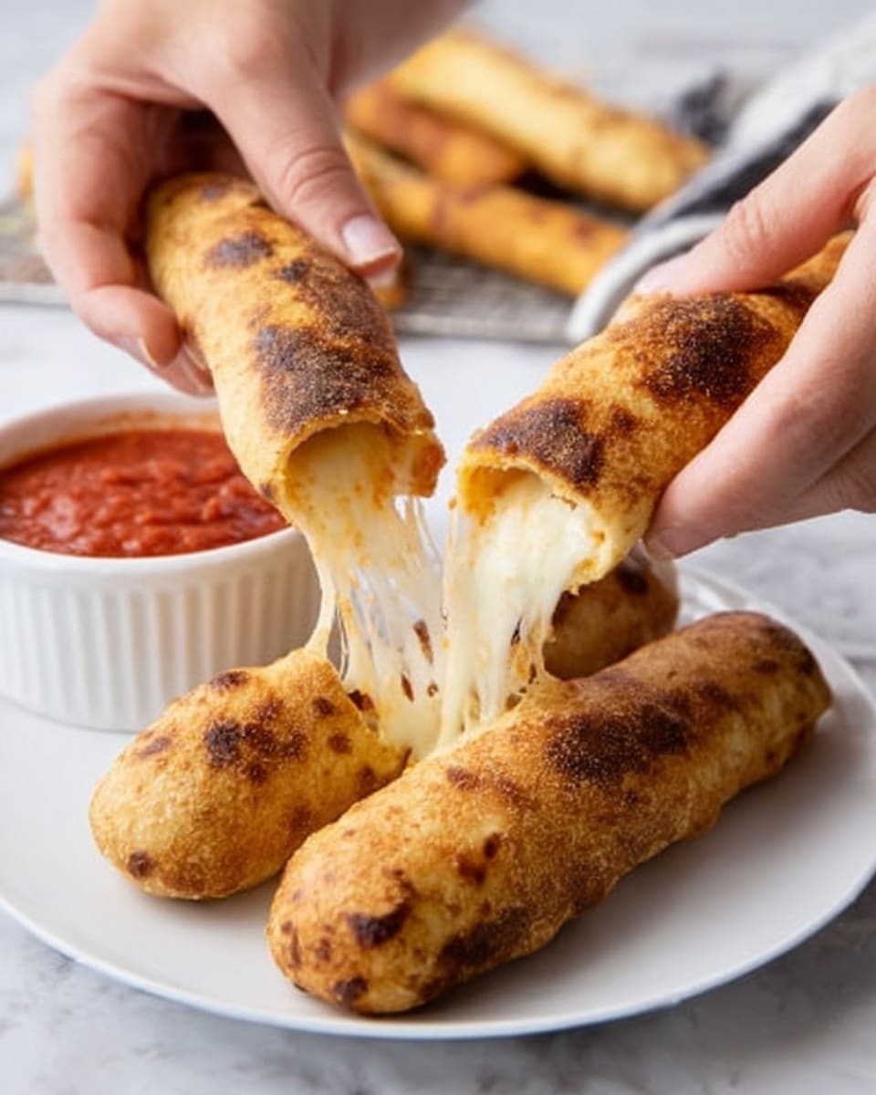 The image shows a close-up of a woman's hands pulling apart a golden brown breadstick filled with melted cheese that stretches between the two pulled pieces. The breadstick has a crispy and slightly textured outer crust with spots of darker brown. In the background, there are more breadsticks placed on a white plate, and a small white bowl filled with red marinara sauce sits nearby. The setting is on a white marbled surface, creating a clean and bright look. photo taken with an iphone --ar 4:5 --v 7