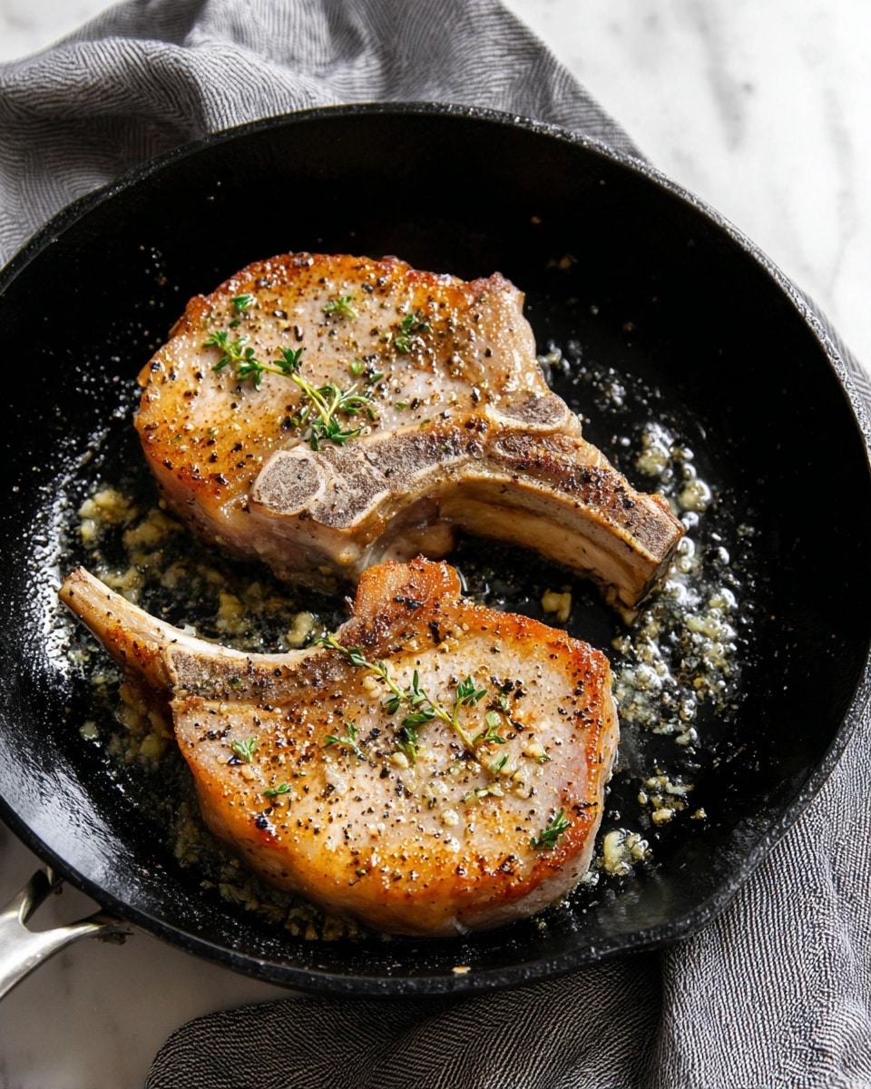 Two golden-brown pork chops are shown cooking in a black cast iron pan. Each chop has a visible bone and is seasoned with black pepper and fresh green herbs, resting in a shiny layer of garlic butter that glistens with small pieces of minced garlic. The pan sits on a folded gray and white striped cloth, all set against a white marbled surface. photo taken with an iphone --ar 4:5 --v 7