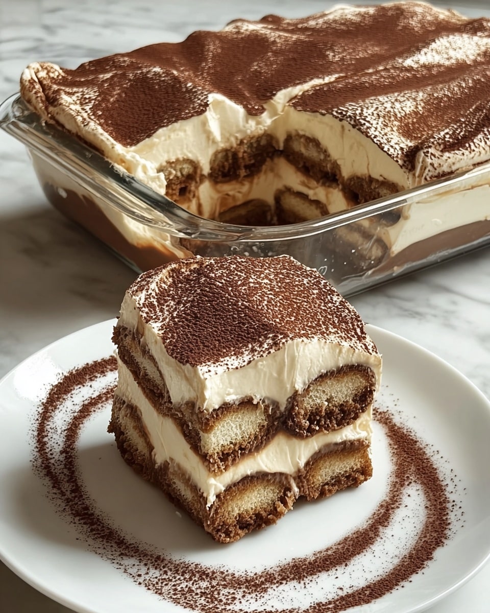 A rectangular glass dish holds a layered tiramisu with three layers visible: the bottom and middle layers are soaked brown ladyfinger biscuits, and between and on top of them is a thick creamy white mascarpone layer. The top layer is dusted evenly with fine dark brown cocoa powder. In front of the dish, a white plate displays a single slice of the tiramisu, showing the same three layers clearly, with cocoa powder lightly dusted on the plate around the slice, creating a curved pattern. The background is a white marbled texture. Photo taken with an iphone --ar 4:5 --v 7