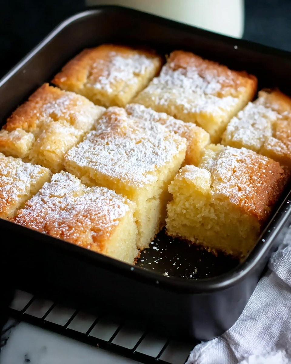 A square baking pan holds a baked blondie cut into nine pieces, each piece showing a soft, light golden-brown top with a slightly crumbly texture. The edges are darker and more browned, creating a contrast with the pale yellow inner parts. A light dusting of powdered sugar is scattered unevenly on top, adding a delicate white touch. The pan rests on a round cooling rack placed on a white marbled surface, and a folded white cloth is partially visible at the bottom left corner. photo taken with an iphone --ar 4:5 --v 7