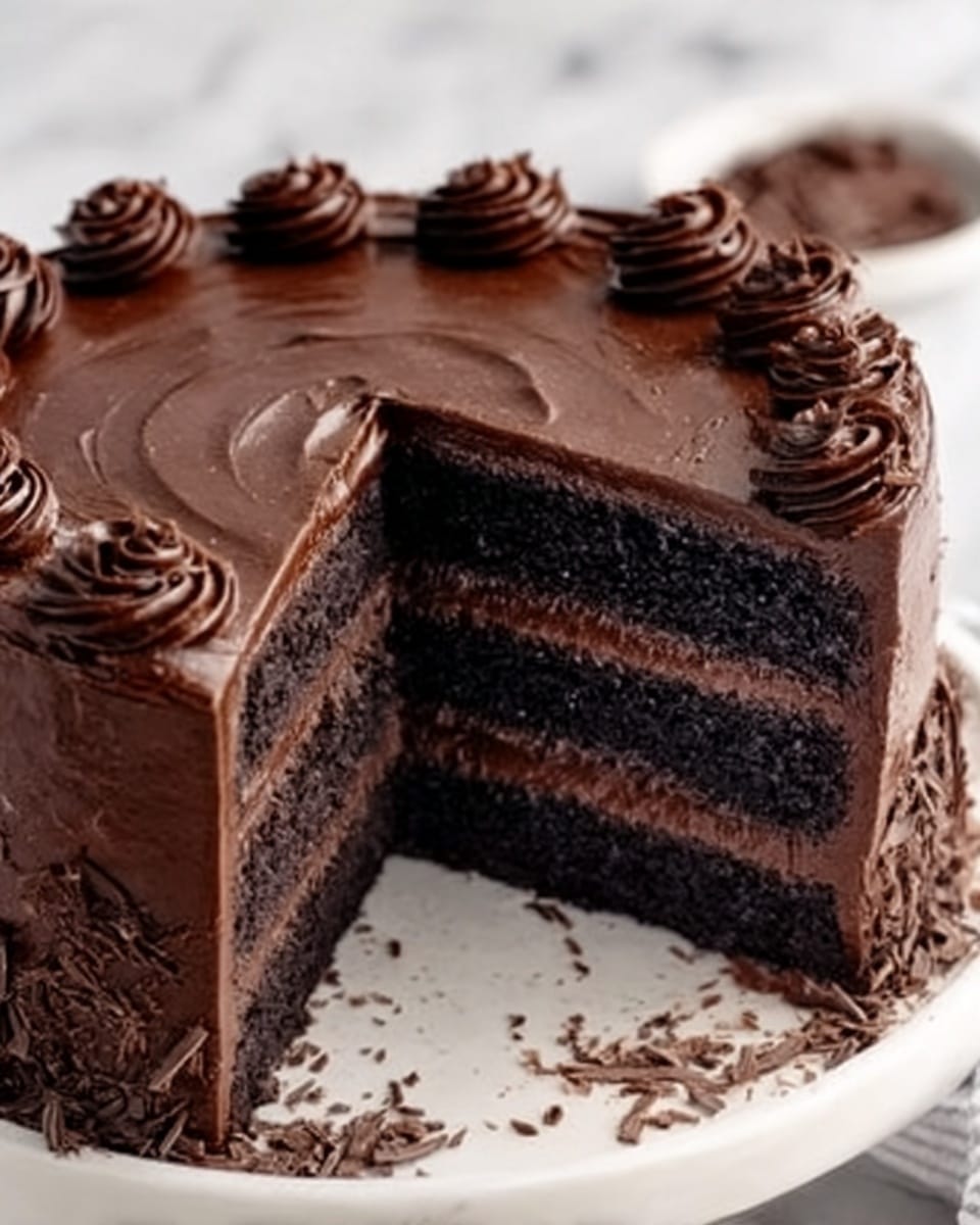 A rich chocolate cake with three dark brown layers stacked evenly, each layer separated by smooth, thick chocolate frosting. The top of the cake is covered with glossy chocolate icing that has a few gentle swirls. Around the edge of the top layer, there are small dollops of chocolate cream, with chocolate shavings sprinkled lightly on one side. The cake is placed on a white plate with some crumbs scattered near the cut slice, all set on a white marbled surface. Photo taken with an iphone --ar 4:5 --v 7
