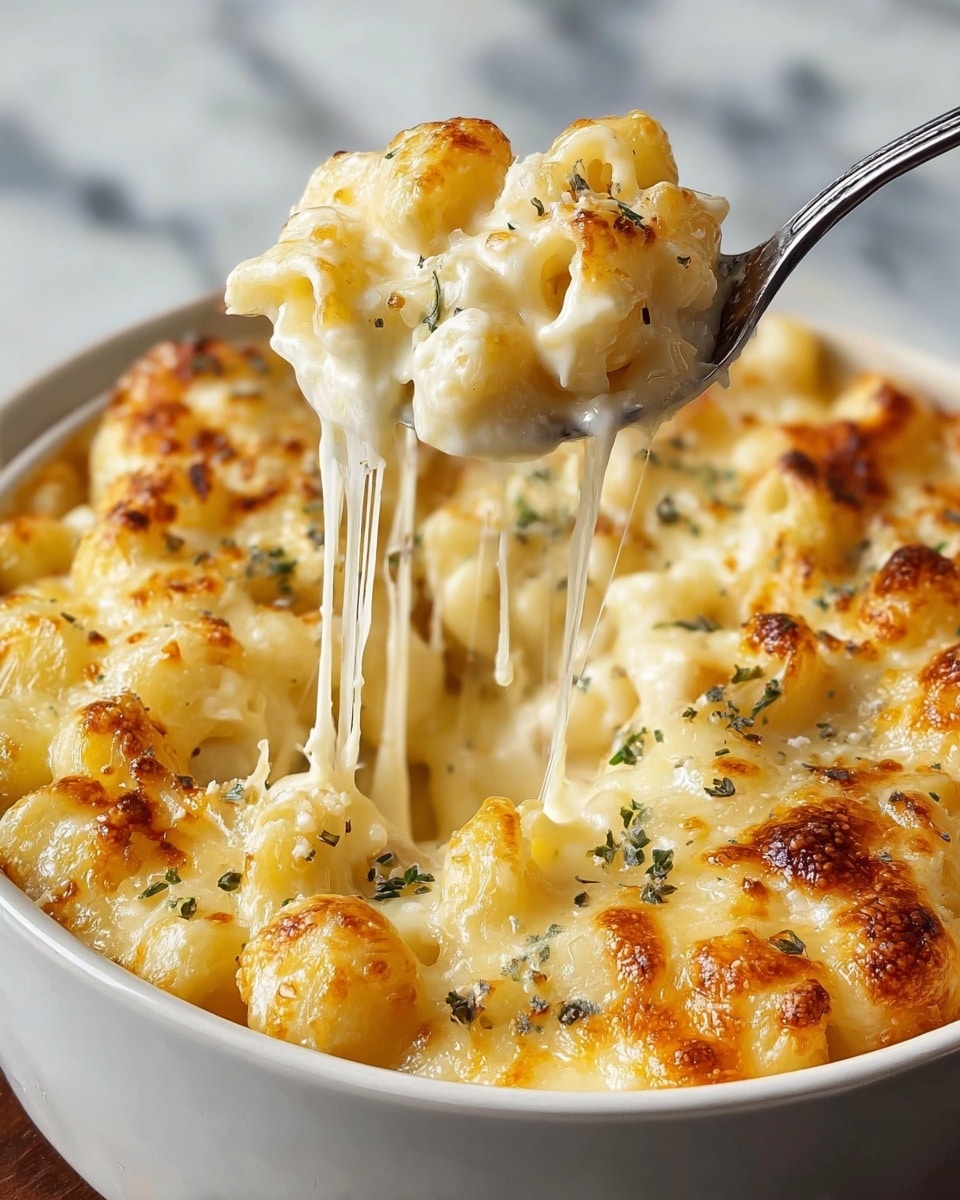 A close-up view of a creamy macaroni and cheese dish in a white bowl, showing one scoop being lifted with a silver spoon. The dish has a top golden-brown baked cheese layer with some small herb pieces sprinkled on it. Underneath the crispy top, there is a thick, melted, and stretchy cheese sauce coating small pasta tubes, pulling long cheese strands as the spoon lifts the portion. The bowl is set on a white marbled texture surface. photo taken with an iphone --ar 4:5 --v 7