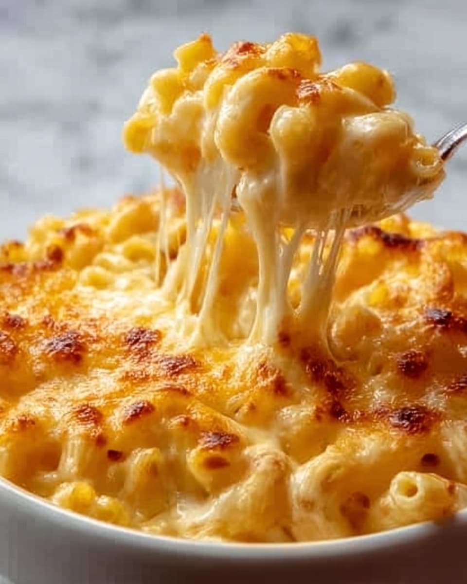 The image shows a white bowl filled with creamy macaroni and cheese, with gooey melted cheese stretching as a portion is lifted up. The top layer is golden brown with small browned spots, indicating it was baked. Underneath, the pasta is soft and coated in thick, shiny cheese sauce that is yellow-orange in color. The macaroni pieces are curved tubes, tightly packed, and the cheese on top looks smooth with bubbly texture near the edges. The background has a white marbled texture. photo taken with an iphone --ar 4:5 --v 7