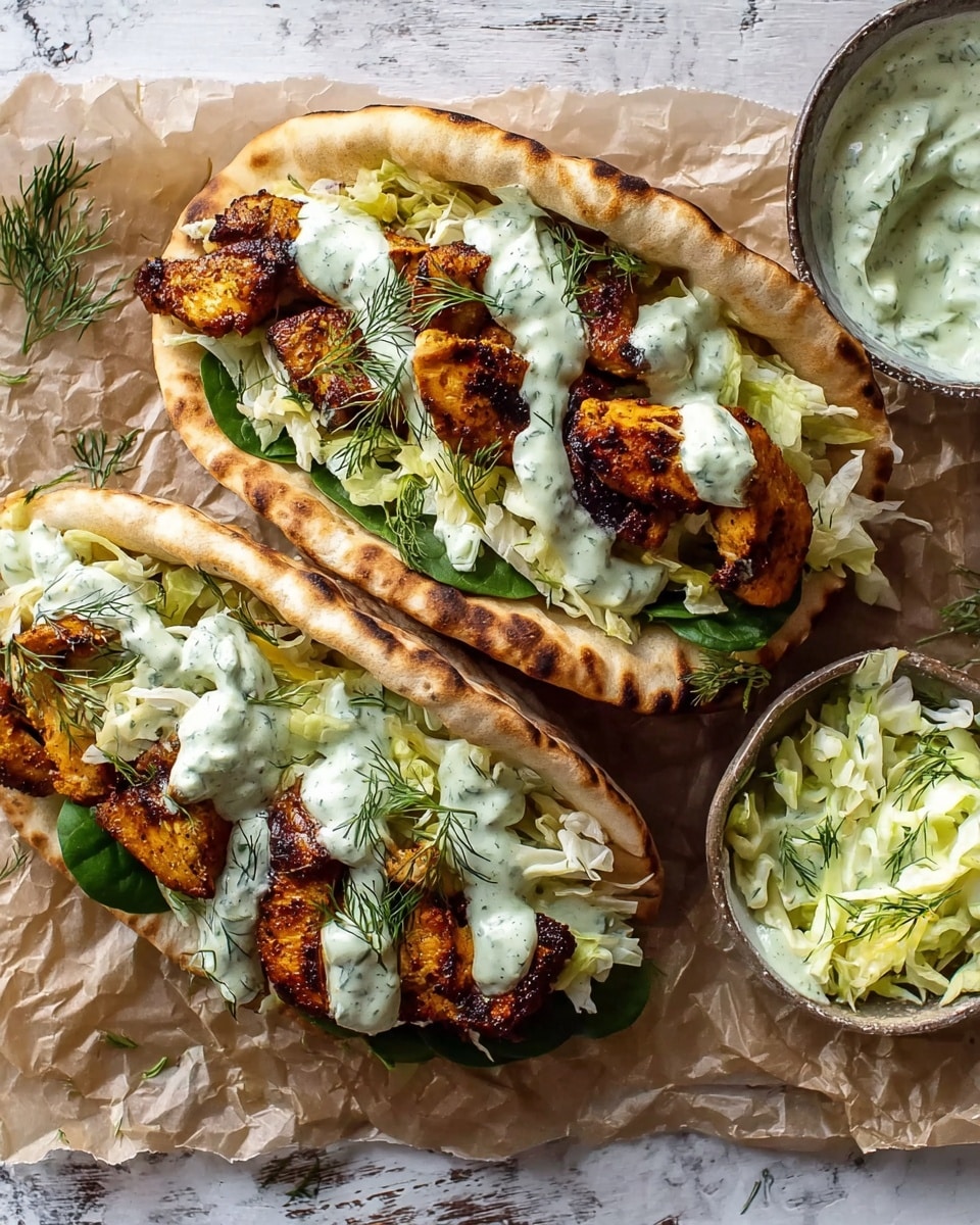 Two sandwiches sit on crumpled parchment paper over a white marbled texture. Each sandwich has three layers inside a pita bread with a toasted golden-brown outer layer. The bottom layer is green spinach leaves, topped with grilled golden-brown chicken pieces that are well charred. Above the chicken is a layer of shredded pale green lettuce. The top layer is a drizzle of creamy light green sauce with visible herb bits, and some sprigs of fresh dill on top. Near the sandwiches are two small bowls with the same creamy herb sauce and shredded lettuce, all placed on the white marbled surface. Photo taken with an iphone --ar 4:5 --v 7