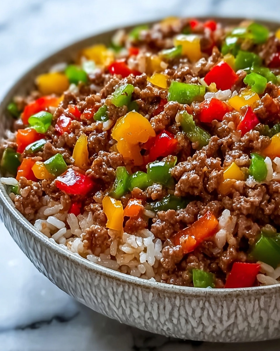 A close-up view of one bowl filled with fried rice mixed with ground meat and diced colorful bell peppers. The dish shows several layers: a base layer of white rice grains, scattered with small bits of orange and green peppers, topped with a generous layer of cooked ground meat coated in a rich sauce, and interspersed with bright green, red, and yellow diced bell peppers, adding vivid color contrast and texture. The bowl is white with a subtle dark dotted pattern on the outside, and the background features a white marbled texture. photo taken with an iphone --ar 4:5 --v 7