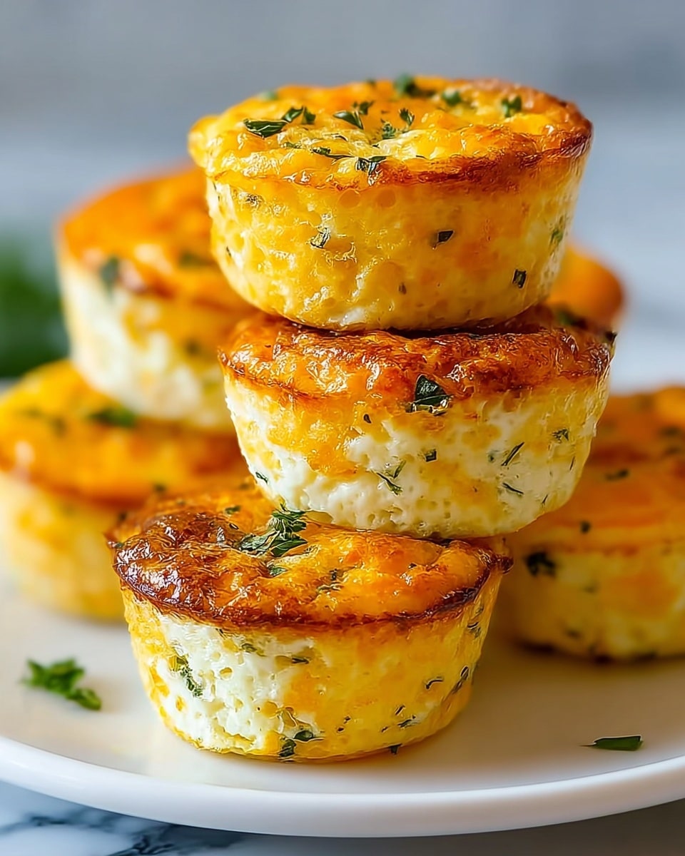 Five small, round egg muffins with a golden brown top and light yellow sides speckled with green herbs are stacked on a simple white plate. The muffins look fluffy and slightly crispy on the edges, with some herbs scattered around them on the plate. The background is softly blurred with hints of green, making the muffins the main focus. photo taken with an iphone --ar 4:5 --v 7