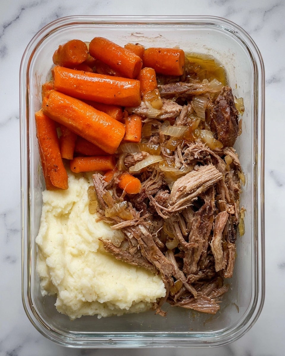 A clear rectangular glass container holds a meal with three main layers; the bottom layer is creamy white mashed potatoes, smooth in texture and slightly spread out. On the left side above the potatoes, there is a layer of bright orange cooked baby carrots mixed with translucent cooked onions, giving a soft and tender look. To the right, there is a layer of shredded brown beef with a mix of light and dark brown hues, showing juicy and fibrous textures, along with some pieces of cooked onion mixed in. The background is a white marbled texture. photo taken with an iphone --ar 4:5 --v 7