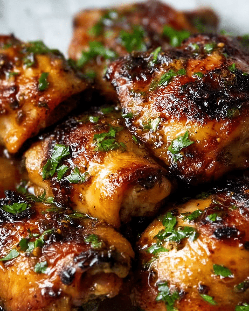 The image shows a close-up of several golden-brown grilled chicken thighs piled close together. The chicken skin is crispy with some charred spots, giving a mix of dark brown and amber colors. The meat is shiny with a glaze, and bright green chopped herbs are scattered on top, adding fresh color contrast. The background is a white marbled texture, making the rich colors of the chicken stand out. Photo taken with an iphone --ar 4:5 --v 7